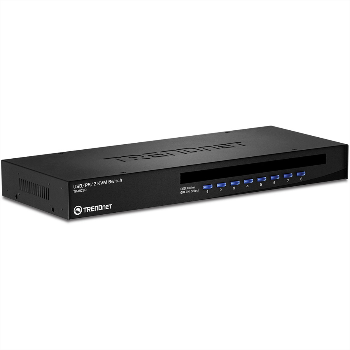 Schwarzer USB/PS/2 KVM Switch mit 8 Auswahltasten, LED-Anzeigen und Trendnet-Logo.