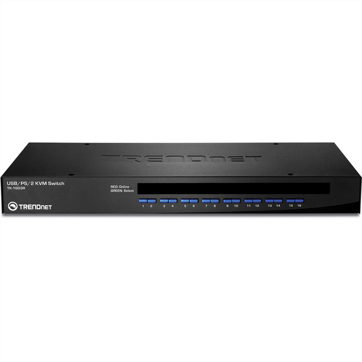 Conmutador KVM USB/PS/2 TRENDnet negro con botones numerados e indicadores rojo/verde.