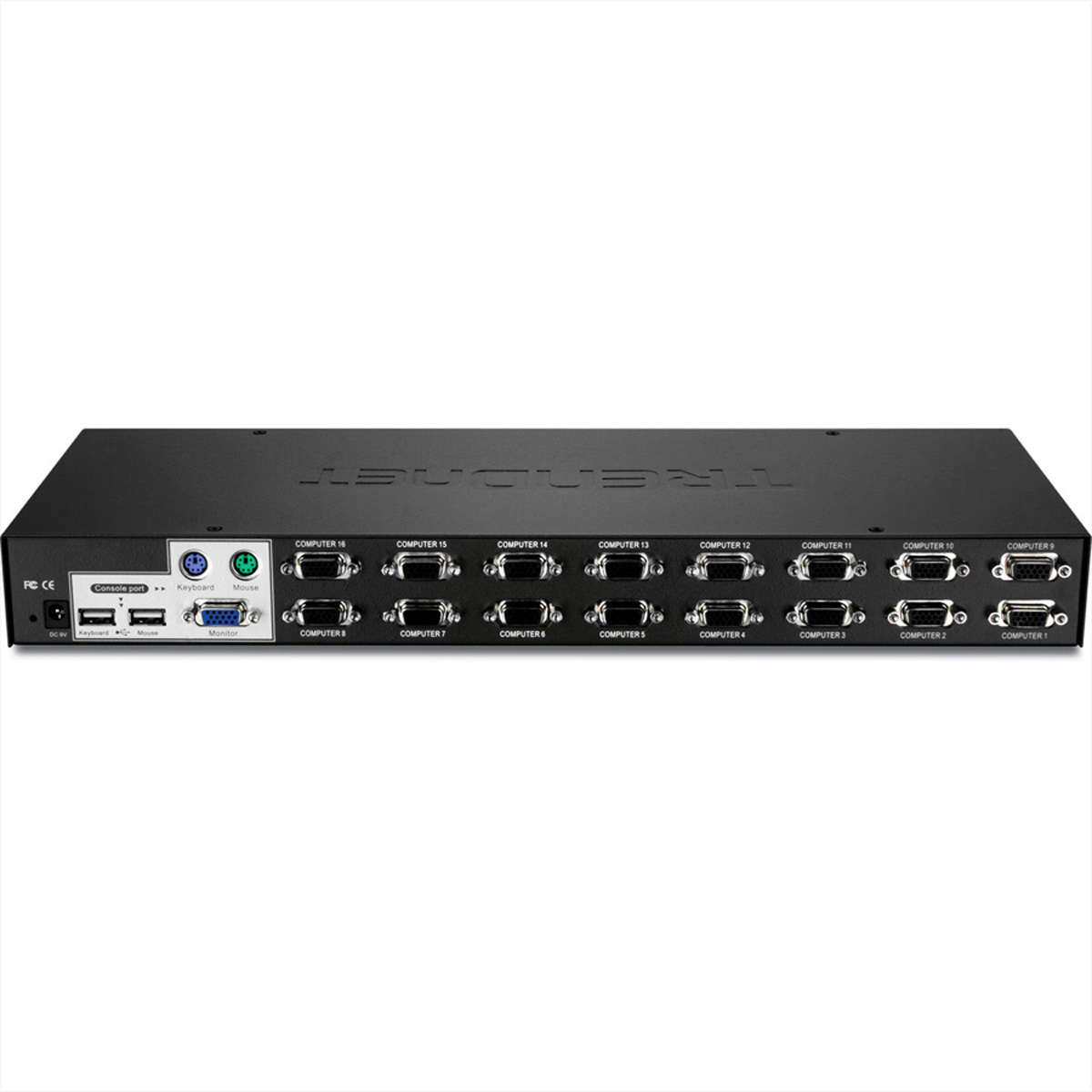 Interruptor KVM TRENDnet negro con múltiples puertos sobre un fondo blanco.