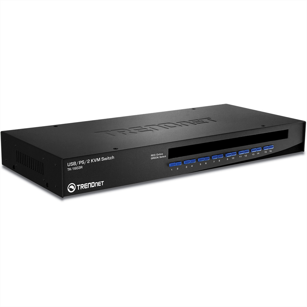 Conmutador KVM USB/PS/2 negro con múltiples puertos y el logotipo de Trendnet.