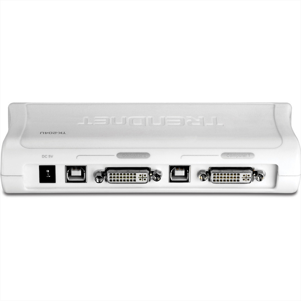 Dispositivo TRENDnet bianco con due porte USB e DVI e un ingresso DC 5V.