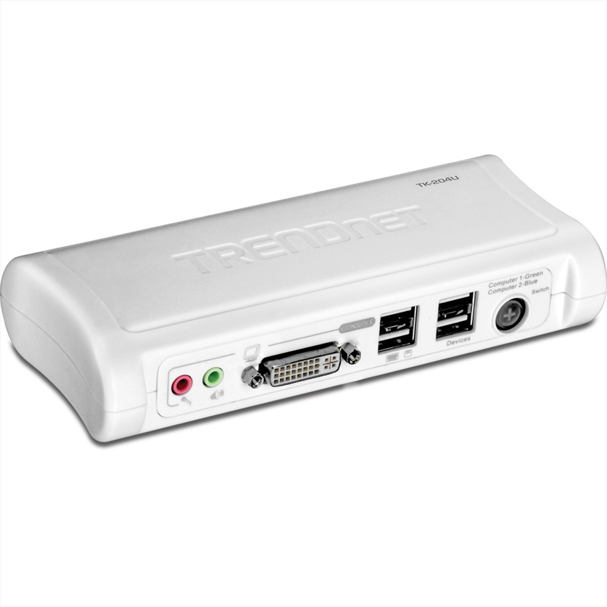 Dispositivo TRENDnet bianco con porte. Etichetta: Computer 1-Verde, Computer 2-Blu. Pulsanti: Interruttore. Porte: USB, DVI, audio.