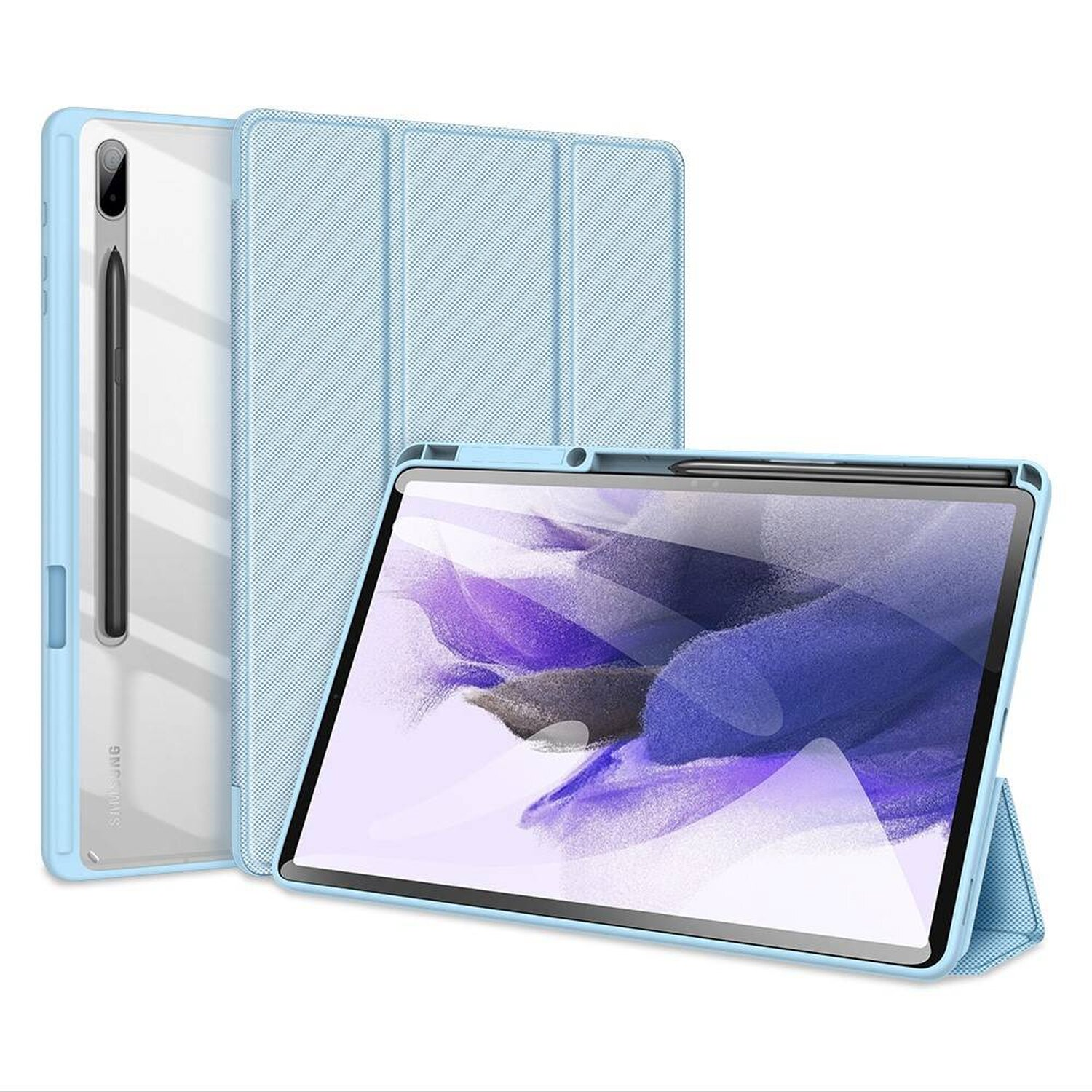 Ein blaues Tablet mit hellblauer Hülle und einem Stift an der Seite.