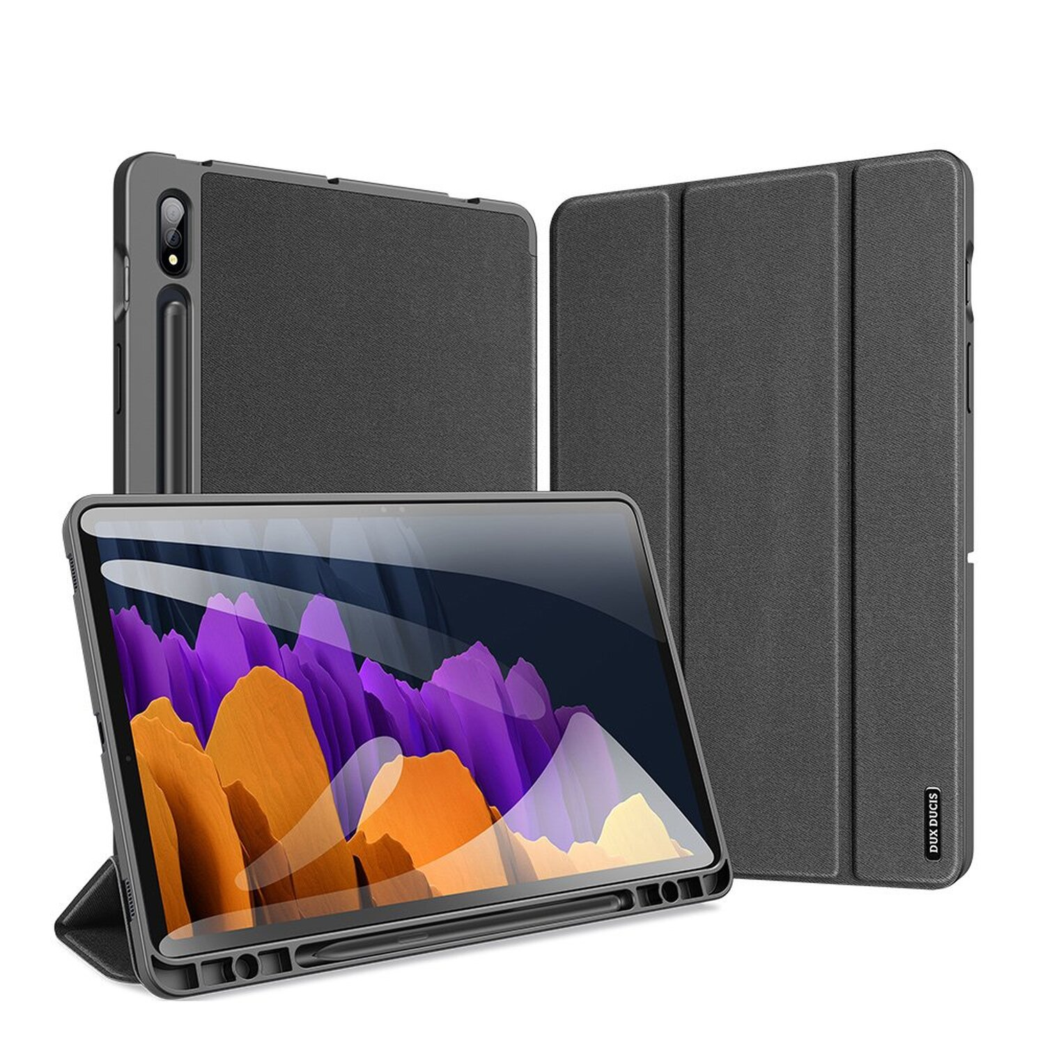 Ein graues Tablet mit Stift in einer schwarzen Hülle. Zeigt das Tablet und zwei weitere Hüllen.
