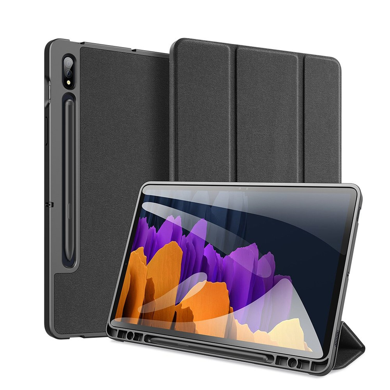 Schwarzes Tablet mit schwarzer Hülle und einer zusätzlichen Hülle, alles vor weißem Hintergrund.