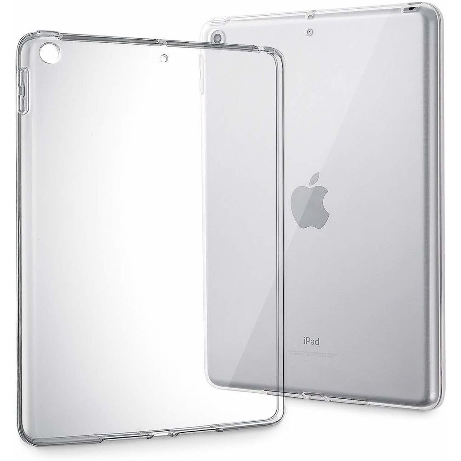 Zwei transparente Hüllen für ein iPad, eine offen, zeigt das Apple-Logo auf dem Gerät.