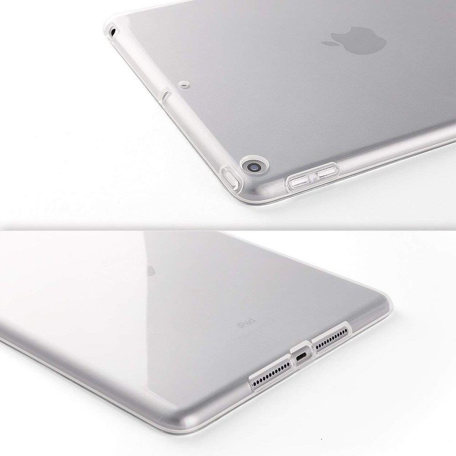 Zwei Bilder einer durchsichtigen iPad-Hülle. Rückseite und Seite mit Apple-Logo sichtbar.