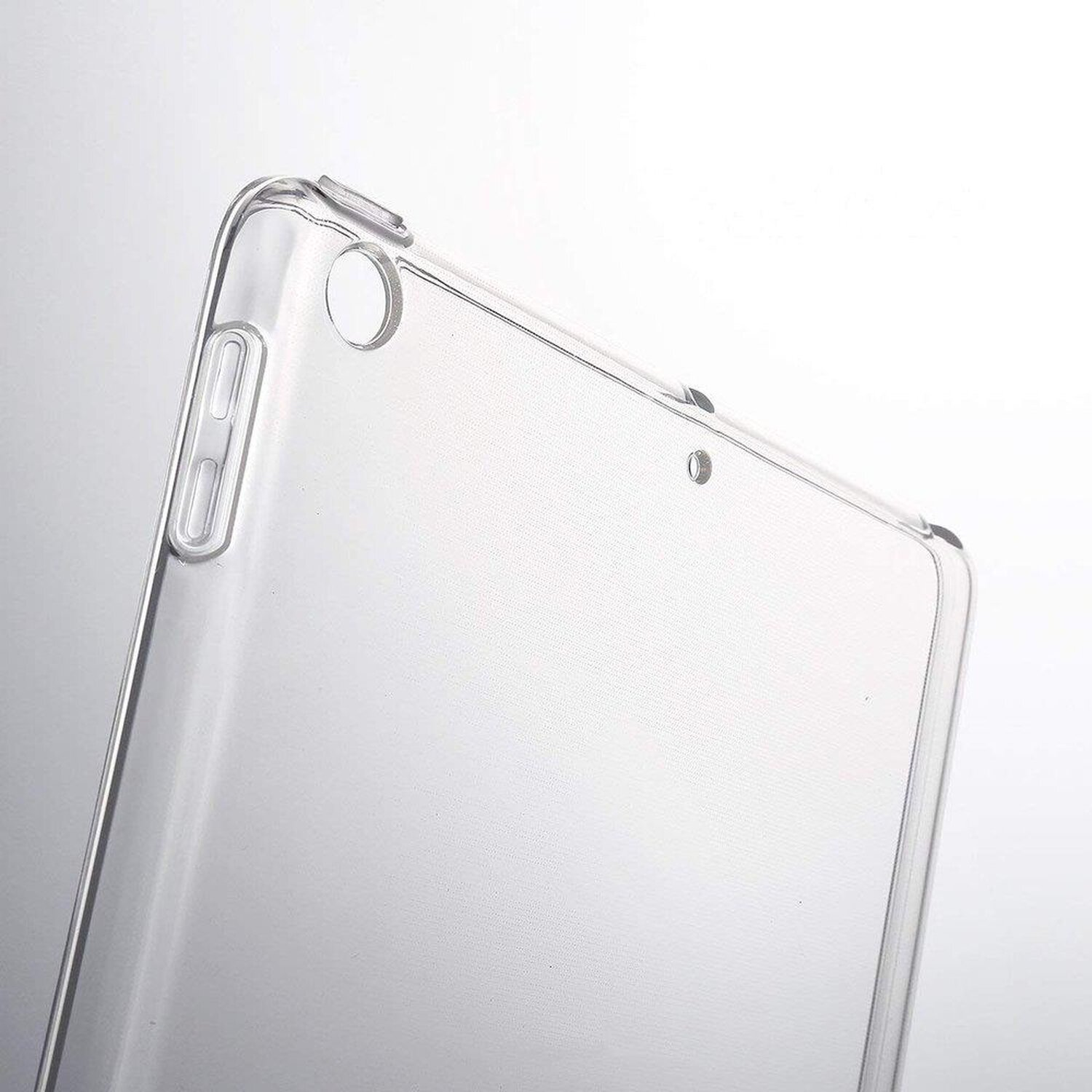 Klar, transparente Tablettasche, die Kantendetails und ein Kameraloch zeigt.