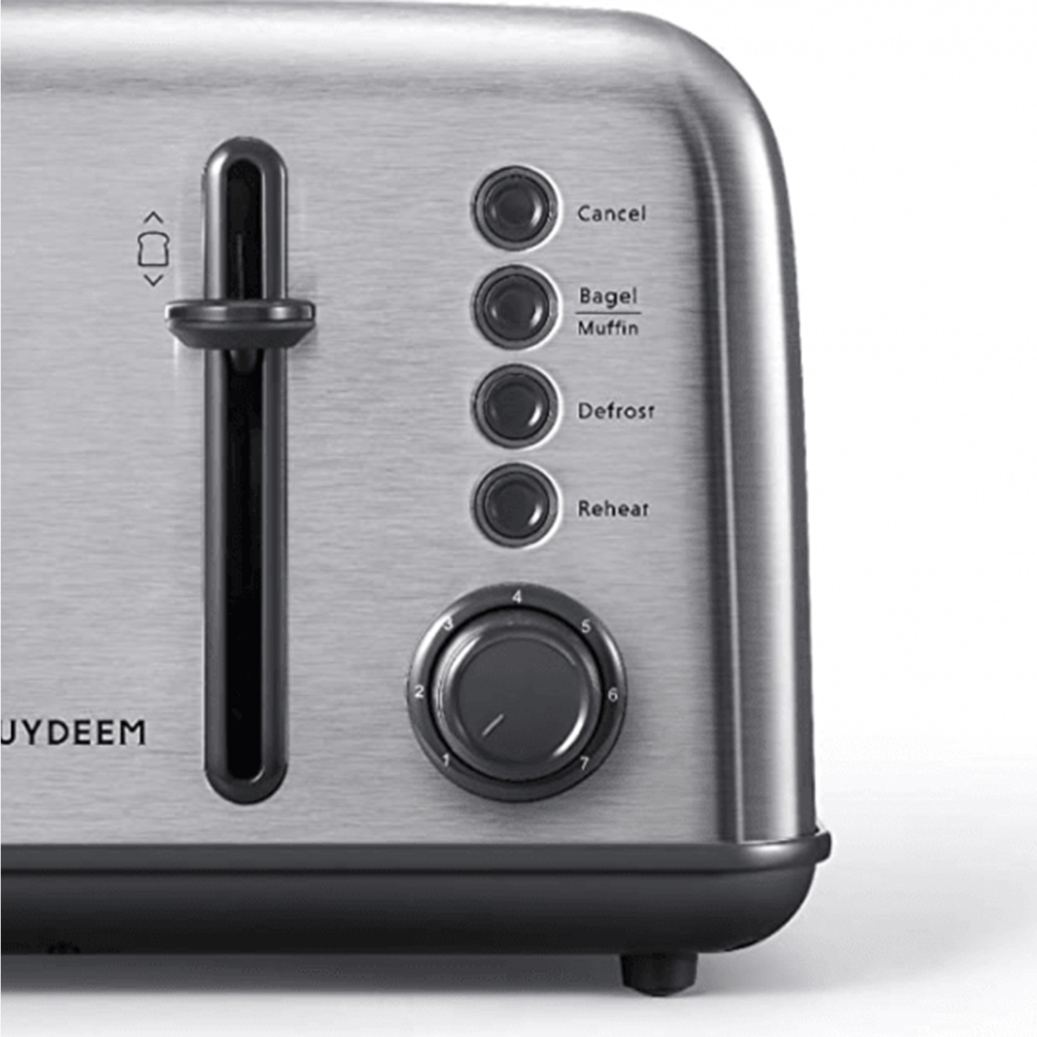 Srebrny toster z przyciskami sterowania i pokrętłem, pokazujący zbliżenie funkcji tostera.