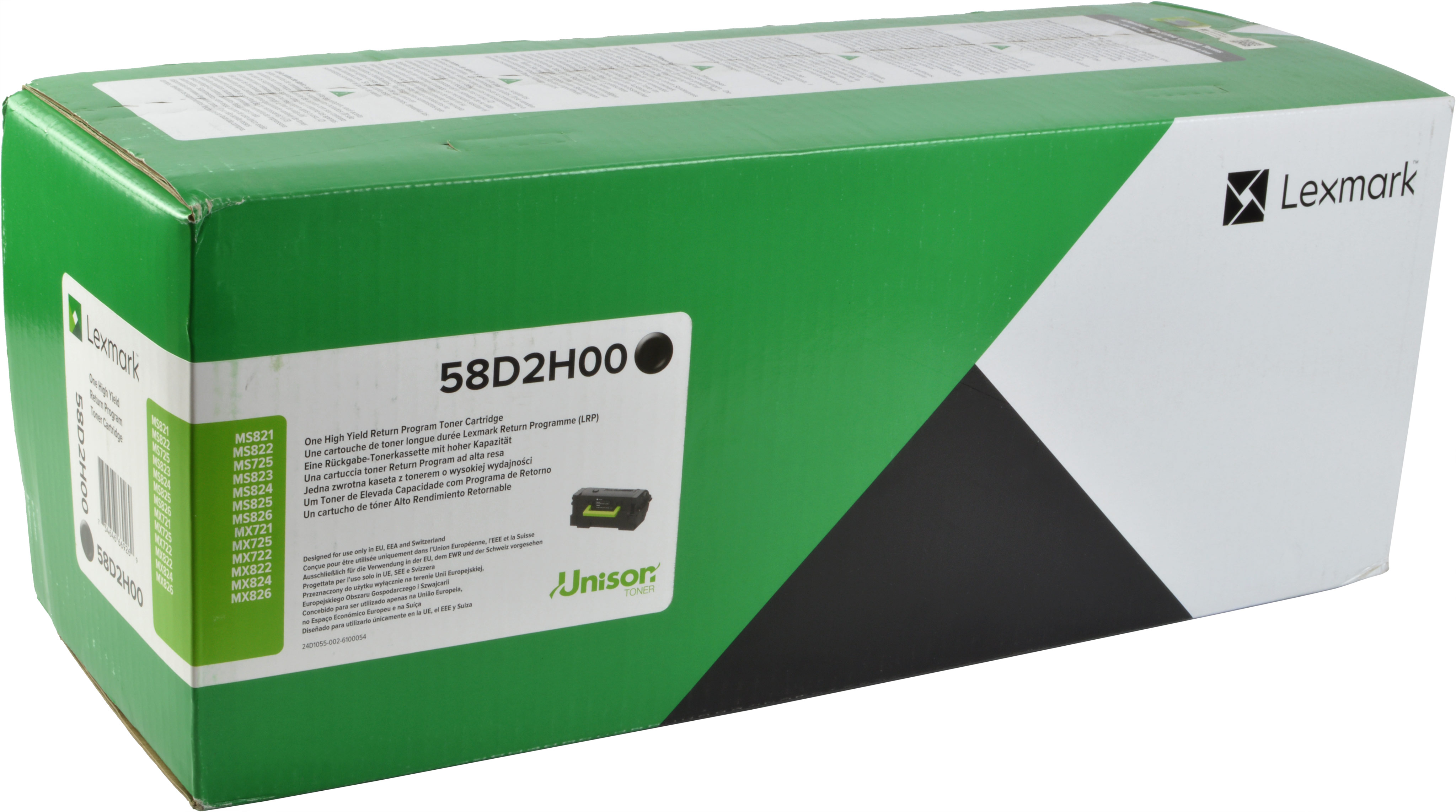 Grüne und schwarze Lexmark Tonerkartuschenbox mit Text und Logos.