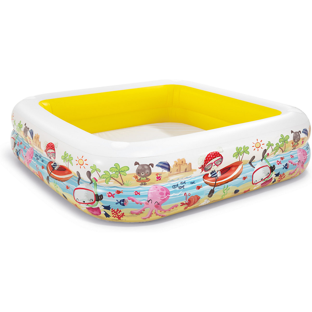 Quadratischer aufblasbarer Pool mit Strandszenen. Bunte Illustrationen von Meer, Sand und Figuren.