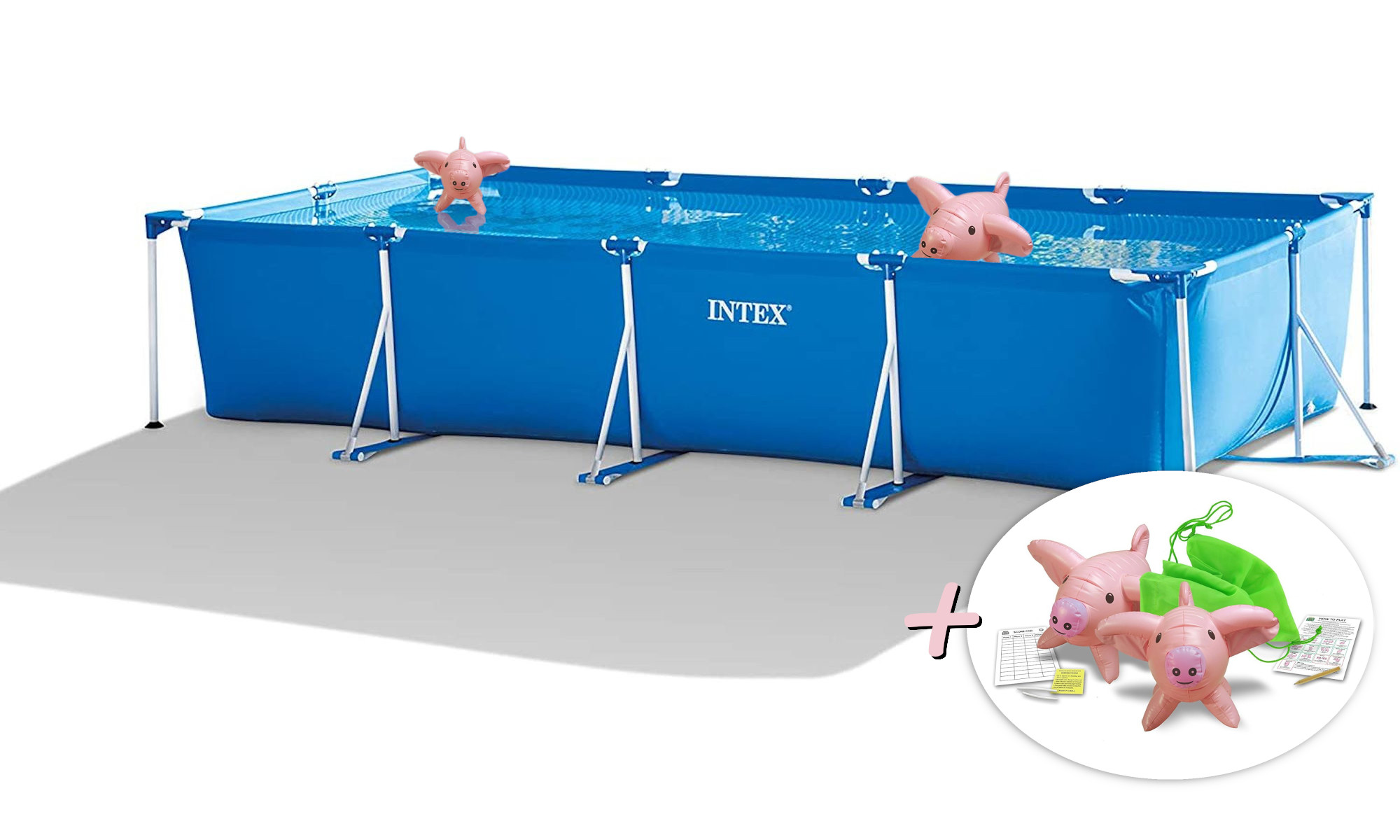 INTEX Frame Pool Set (450x220x84cm) Schwimmtiere blau + aufblasbare Swimmingpool, rechteckig