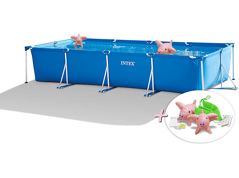 INTEX Frame Pool Set rechteckig (450x220x84cm) + aufblasbare Schwimmtiere Swimmingpool, blau
