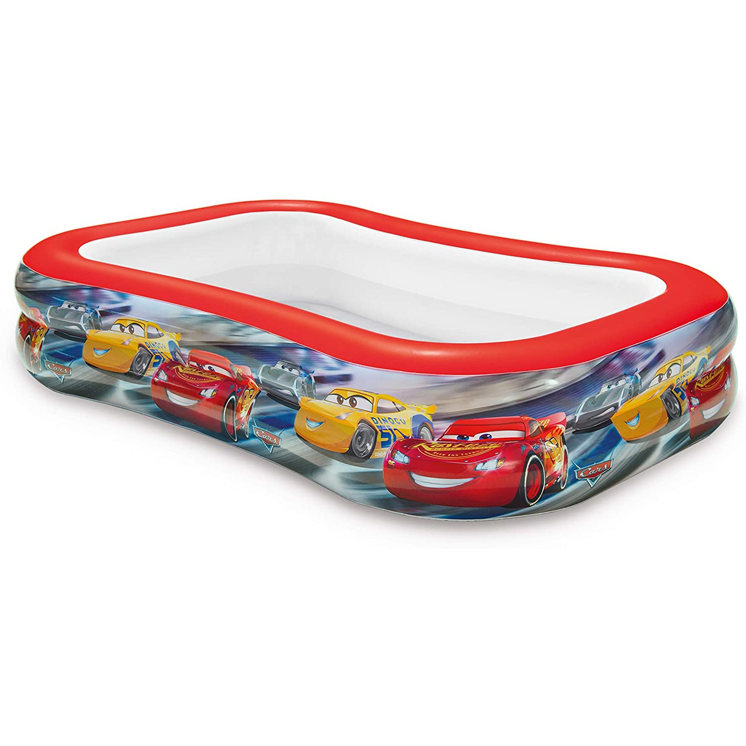 Rechteckiger aufblasbarer Pool mit Cars-Charakteren. Roter Rand. Weißer Hintergrund.