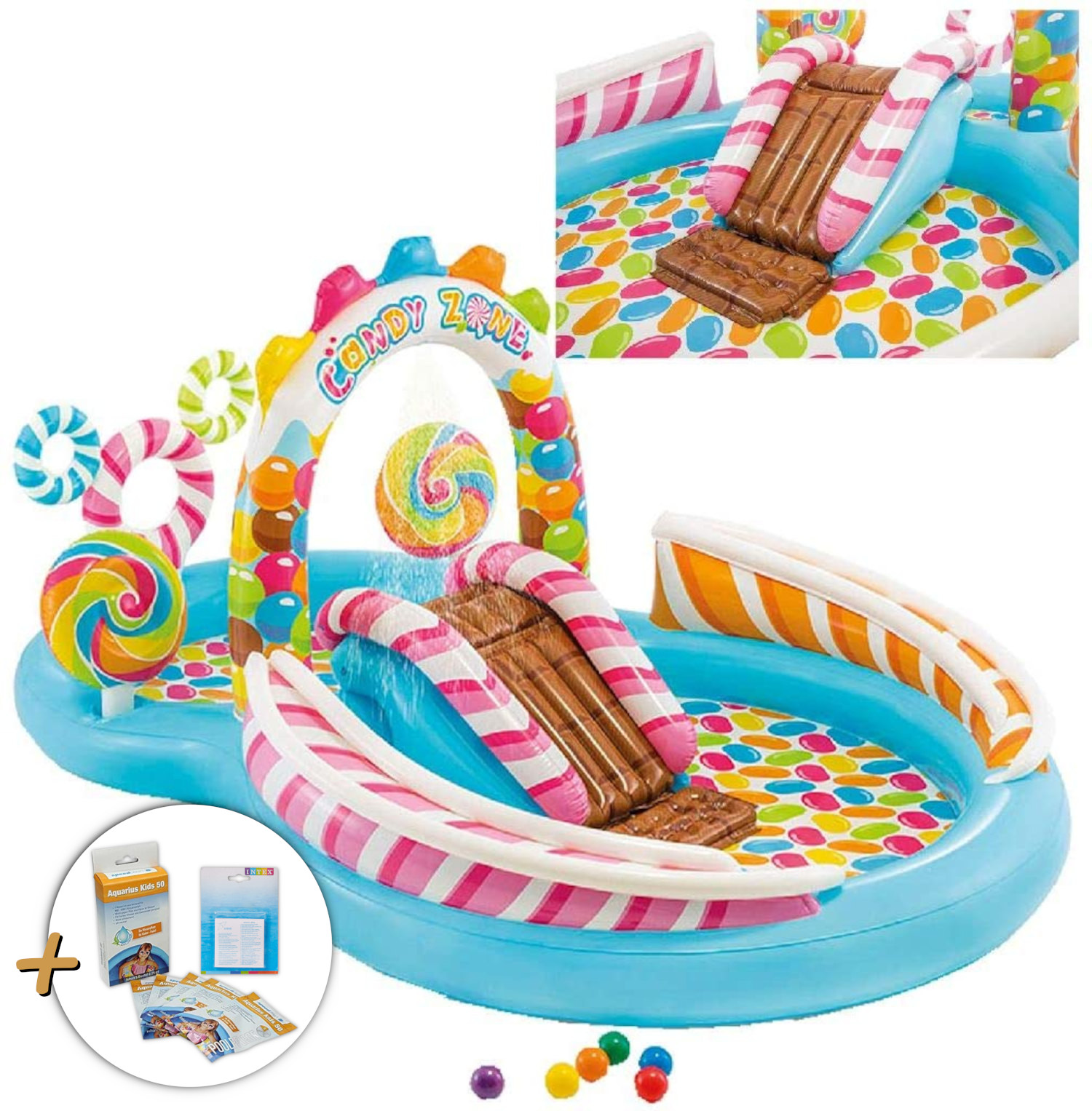 Ein aufblasbarer Pool mit Rutschen und Süßigkeiten-Dekorationen sowie verschiedene kleine Artikel. Blau und weiß.