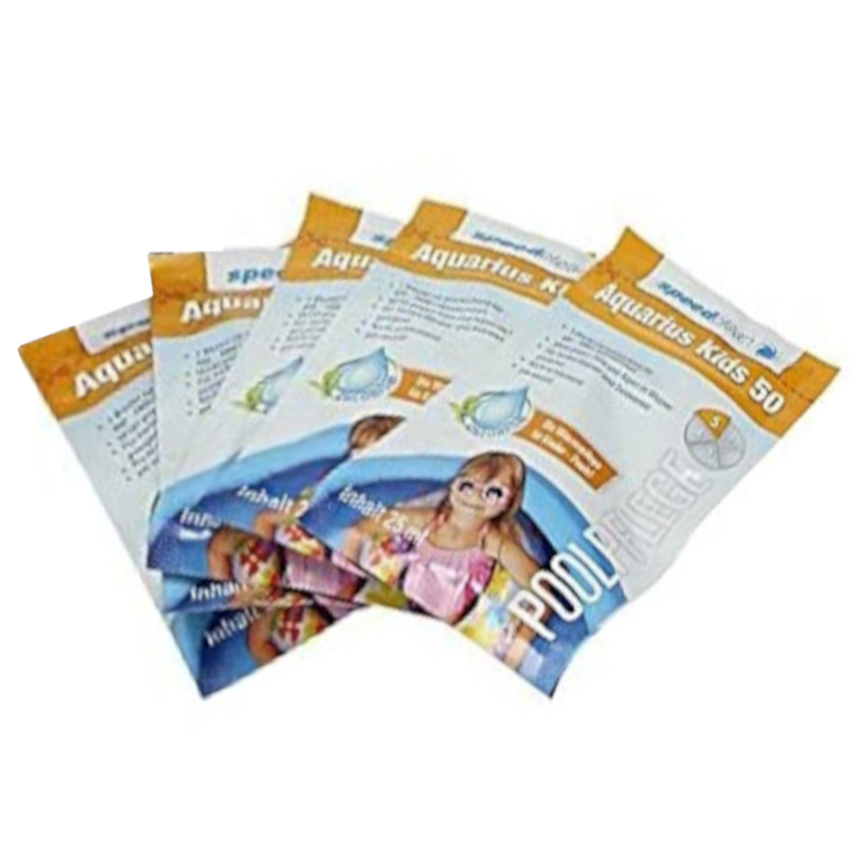 Vier Beutel mit der Aufschrift 'Aquarius Kids 50'.