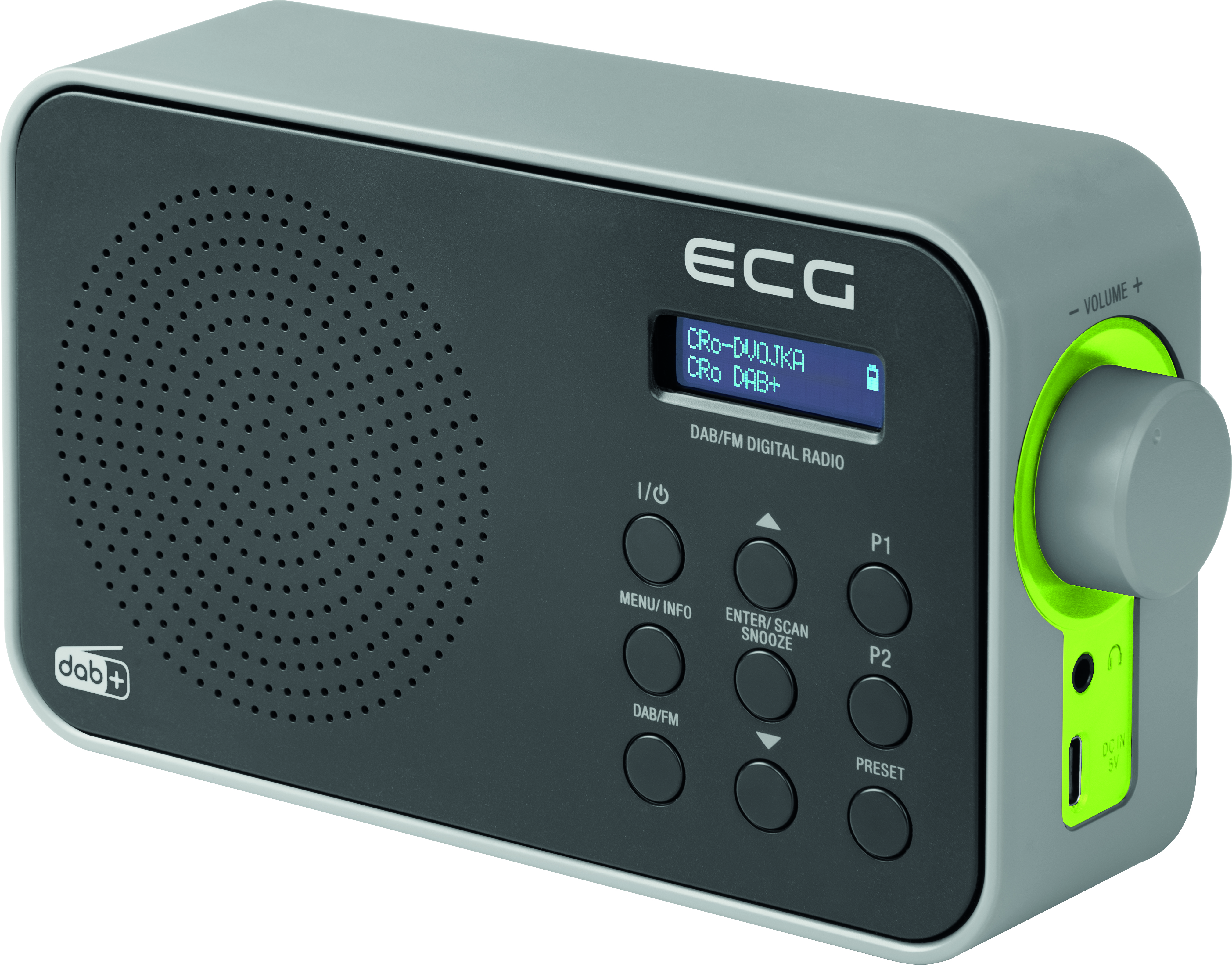 Ein grau-schwarzes Digitalradio mit grünem Akzent und Display.