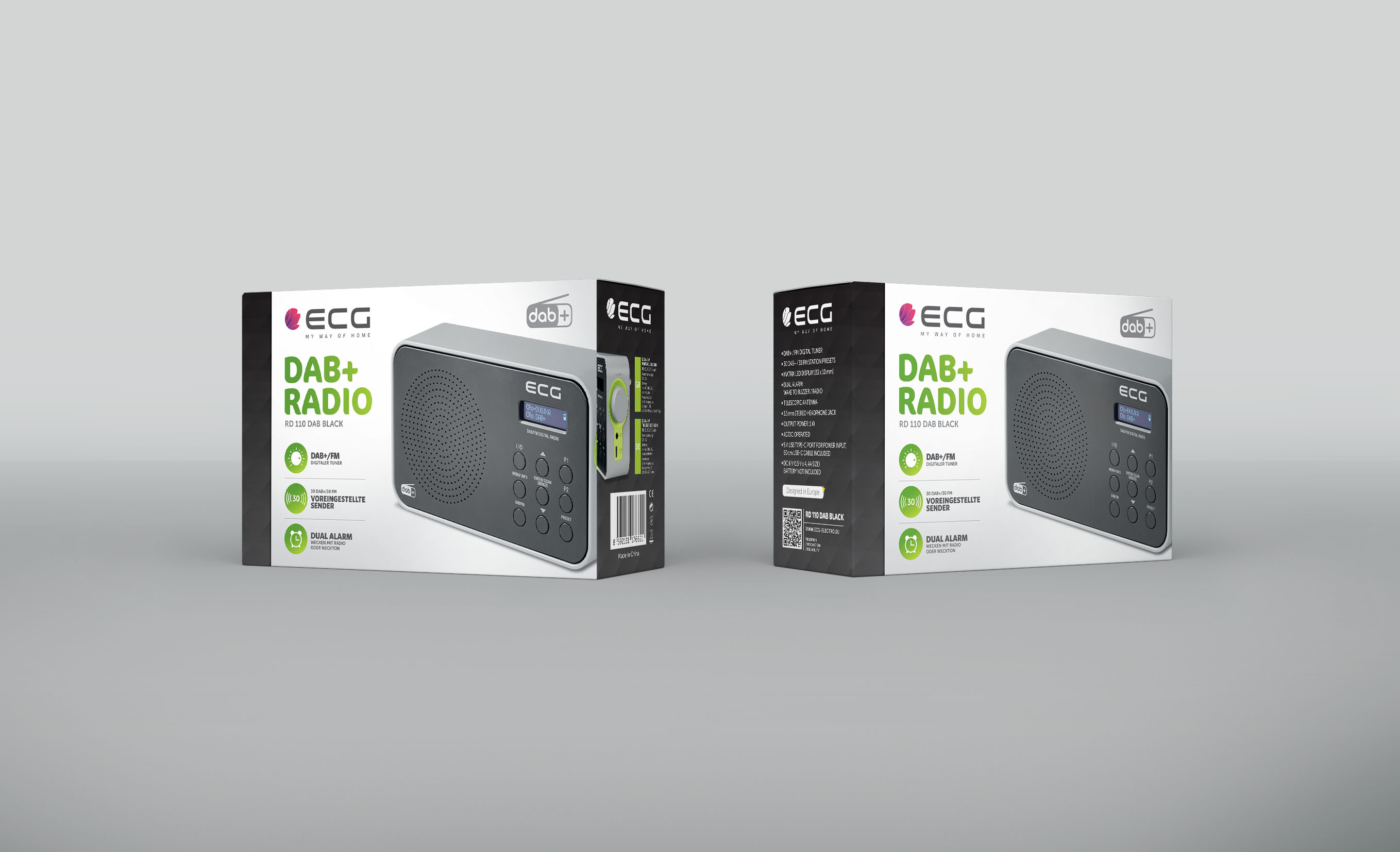 Zwei Kartons eines DAB+-Radios. Einer zeigt das Radio und der andere seine Funktionen. Schwarze Farbe.