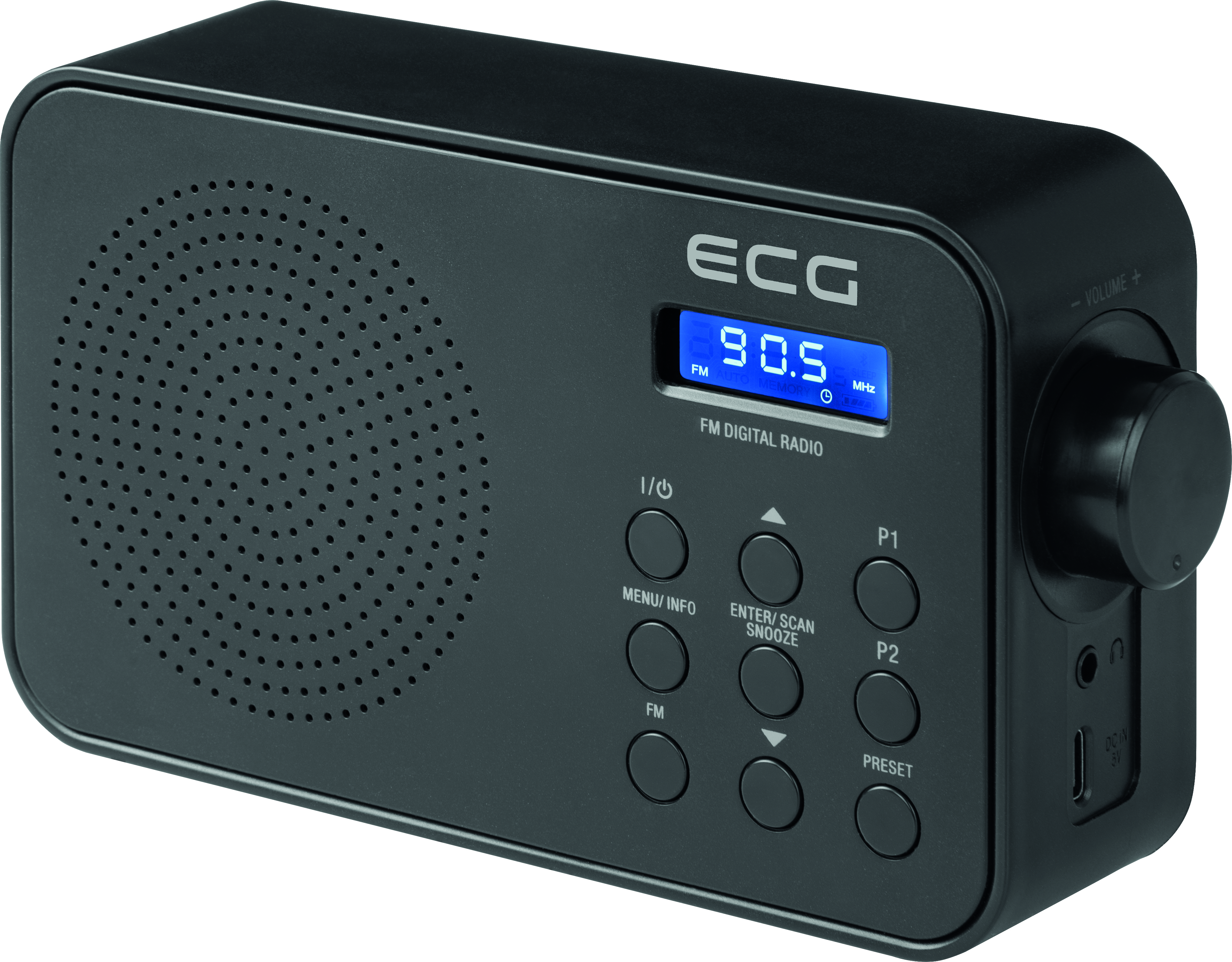 Ein schwarzes digitales ECG FM-Radio mit einer Anzeige von 90,5 MHz.