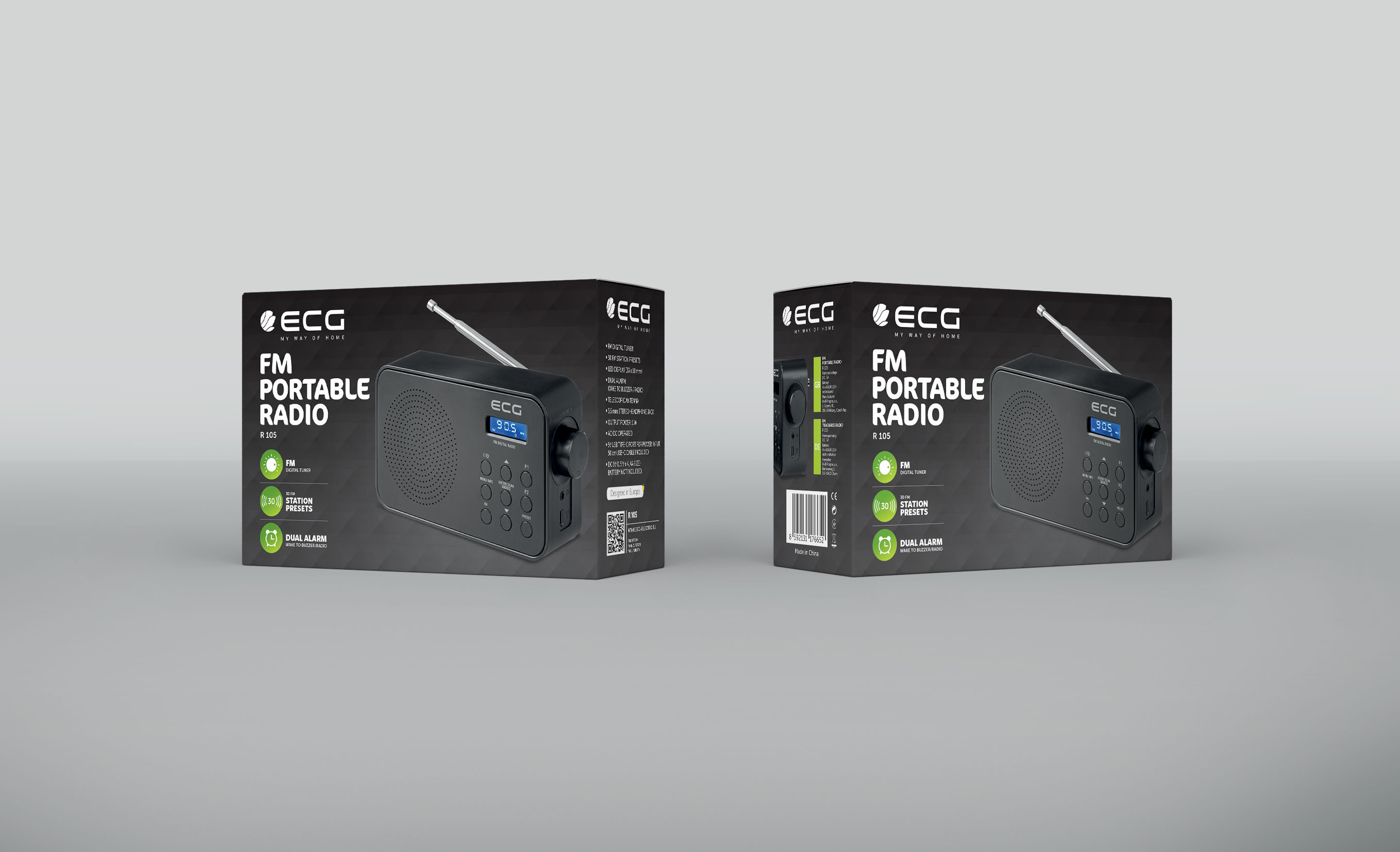Zwei Produktboxen eines Radios mit schwarzem Design und Display.