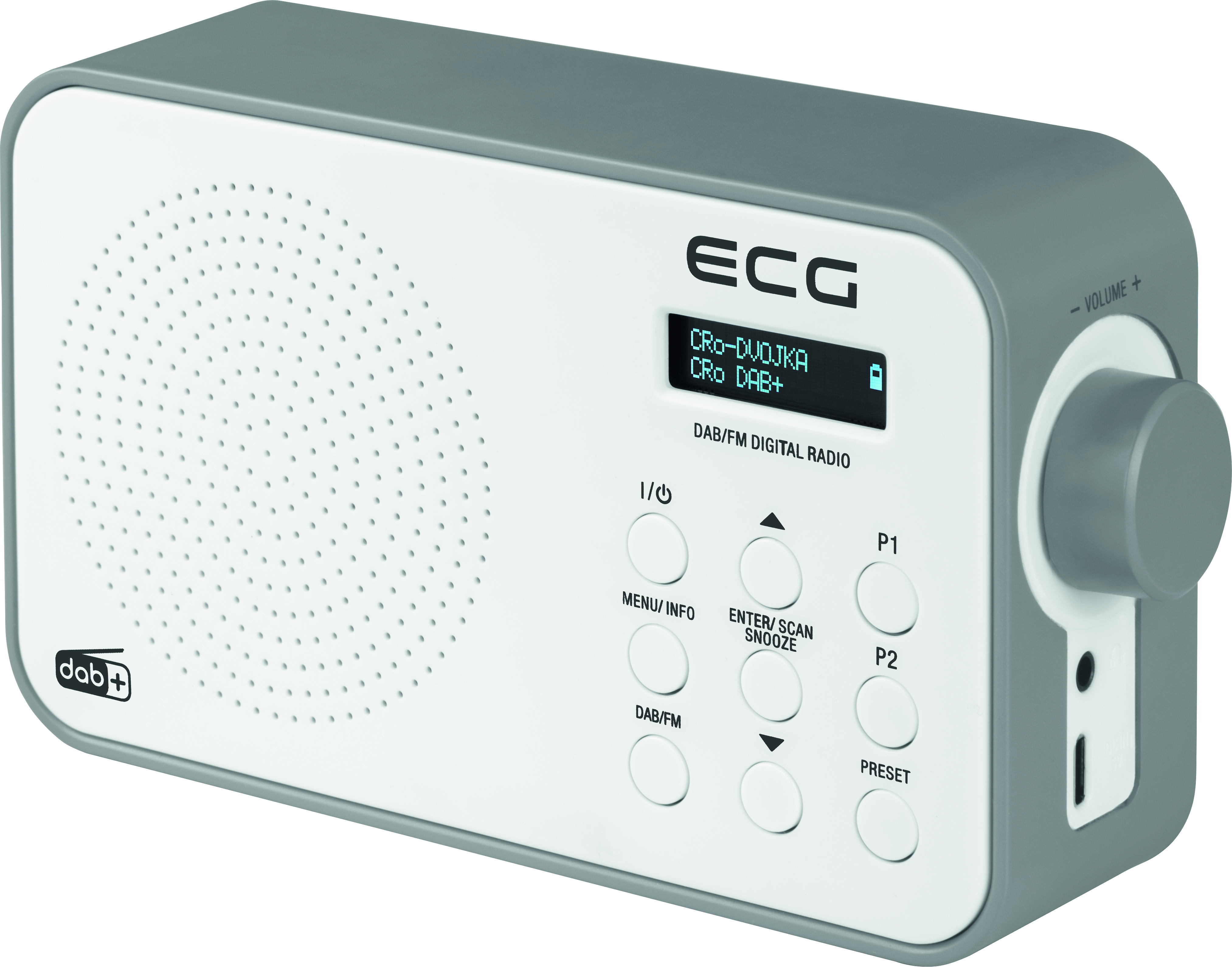 Ein weißes und graues DAB/FM-Digitalradio mit Display und Bedientasten.