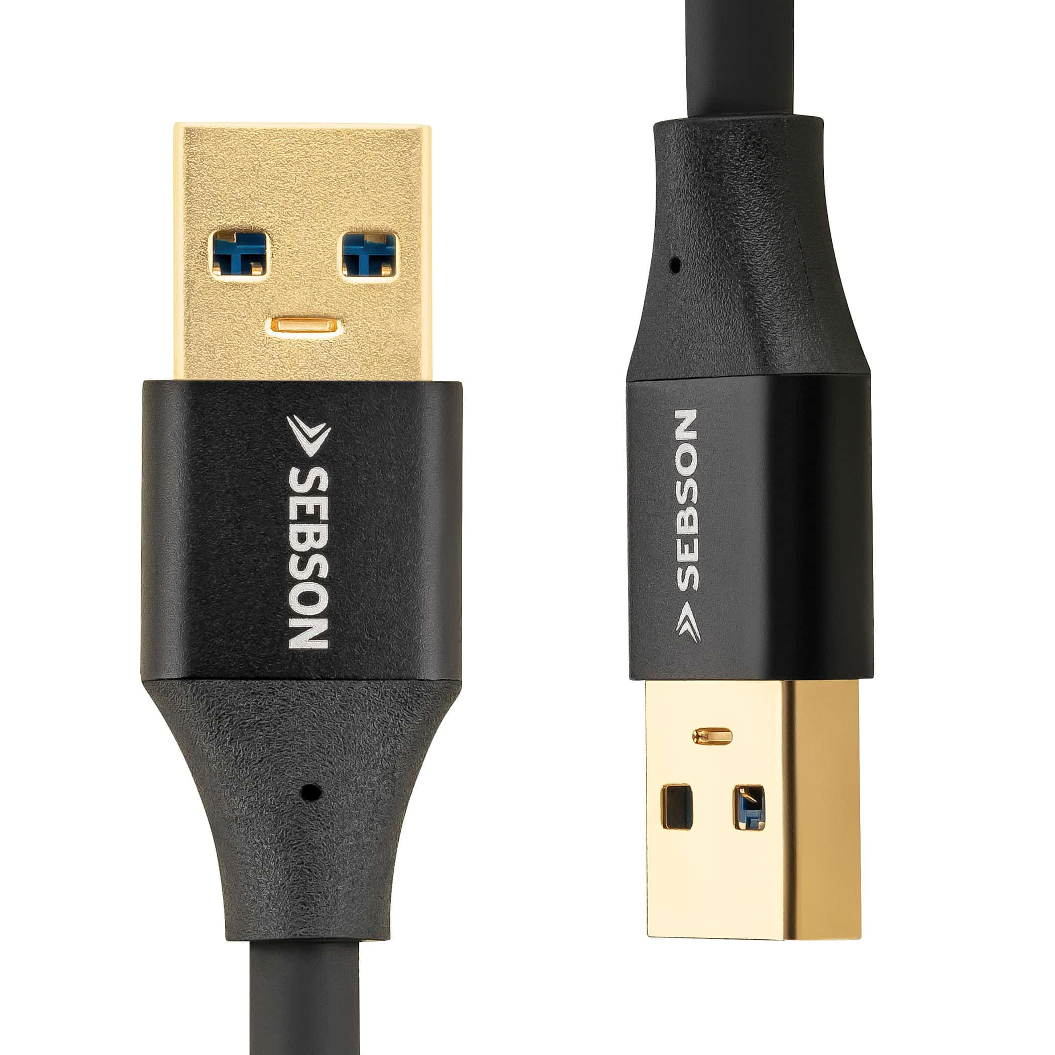 Schwarzes USB-Kabel mit goldenen Steckern, Marke 'SEBSON'.