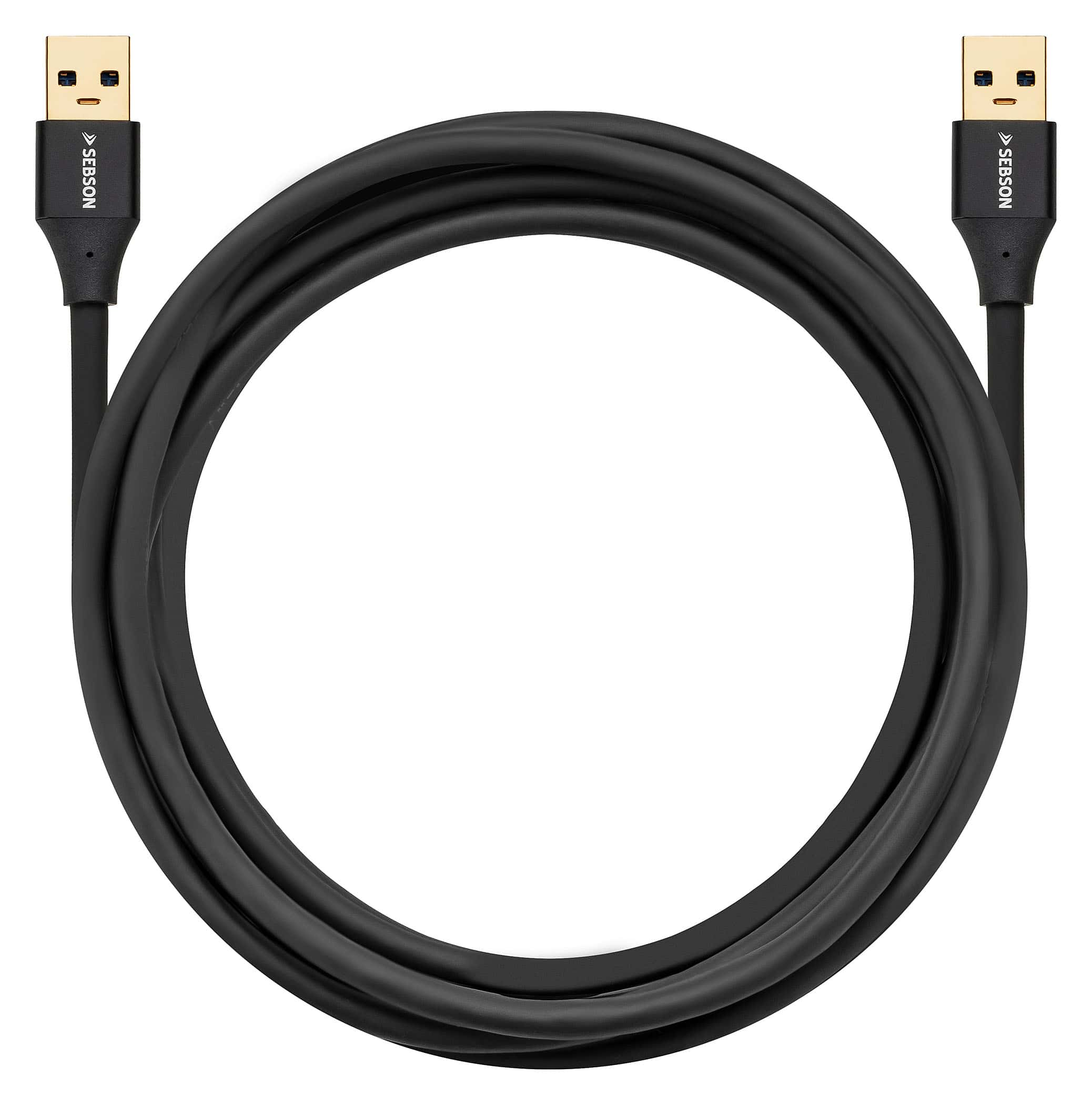 Schwarzes USB-Kabel mit goldenen Anschlüssen und dem Seson-Logo.