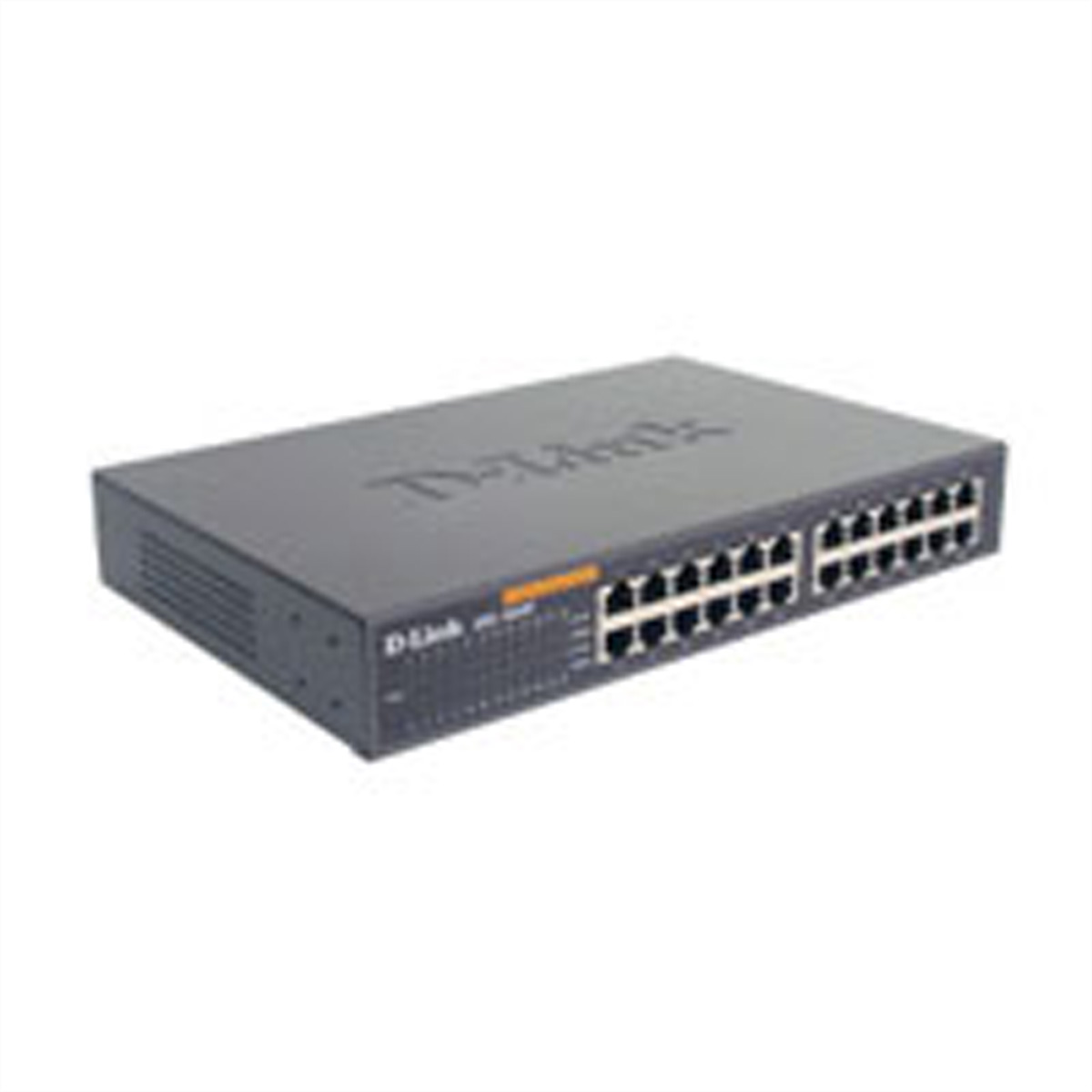 Switch D-Link grigio scuro. Scatola rettangolare con diverse porte frontali.