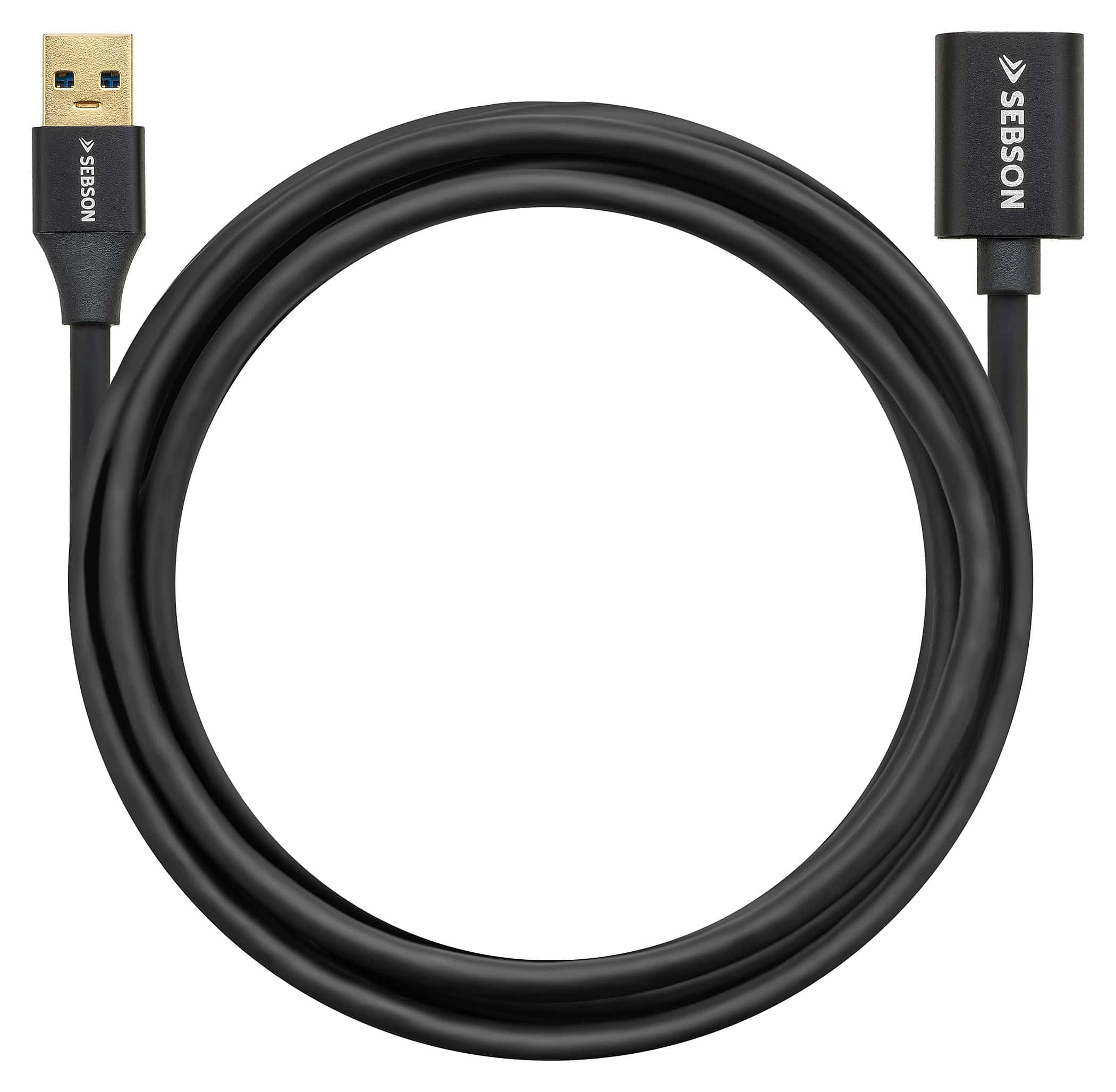 Schwarzes USB-Verlängerungskabel mit USB-A- und USB-B-Anschlüssen, auf weißem Hintergrund.