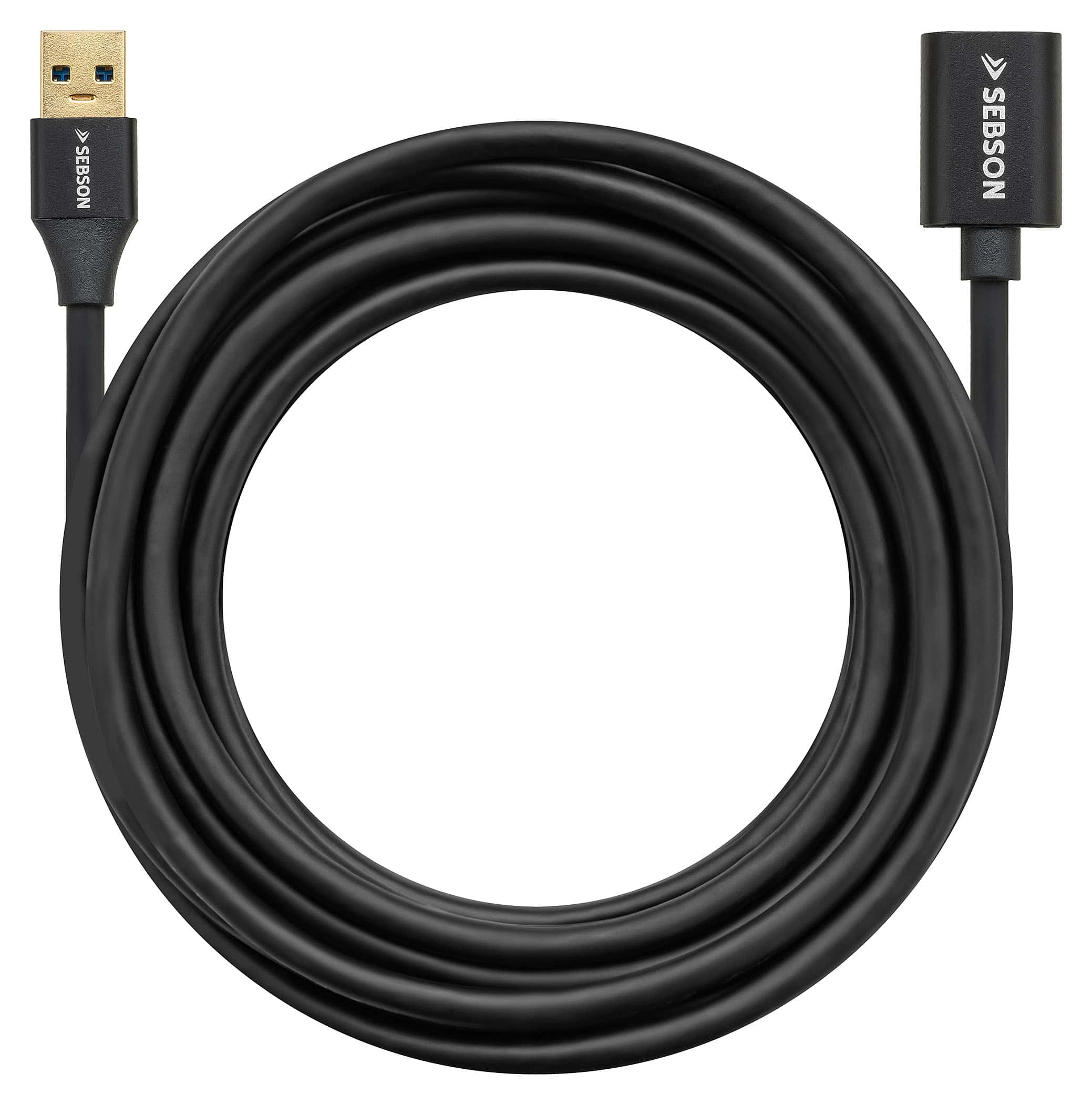 Ein schwarzes USB-Verlängerungskabel mit einem USB-A-Stecker und einer USB-A-Buchse.