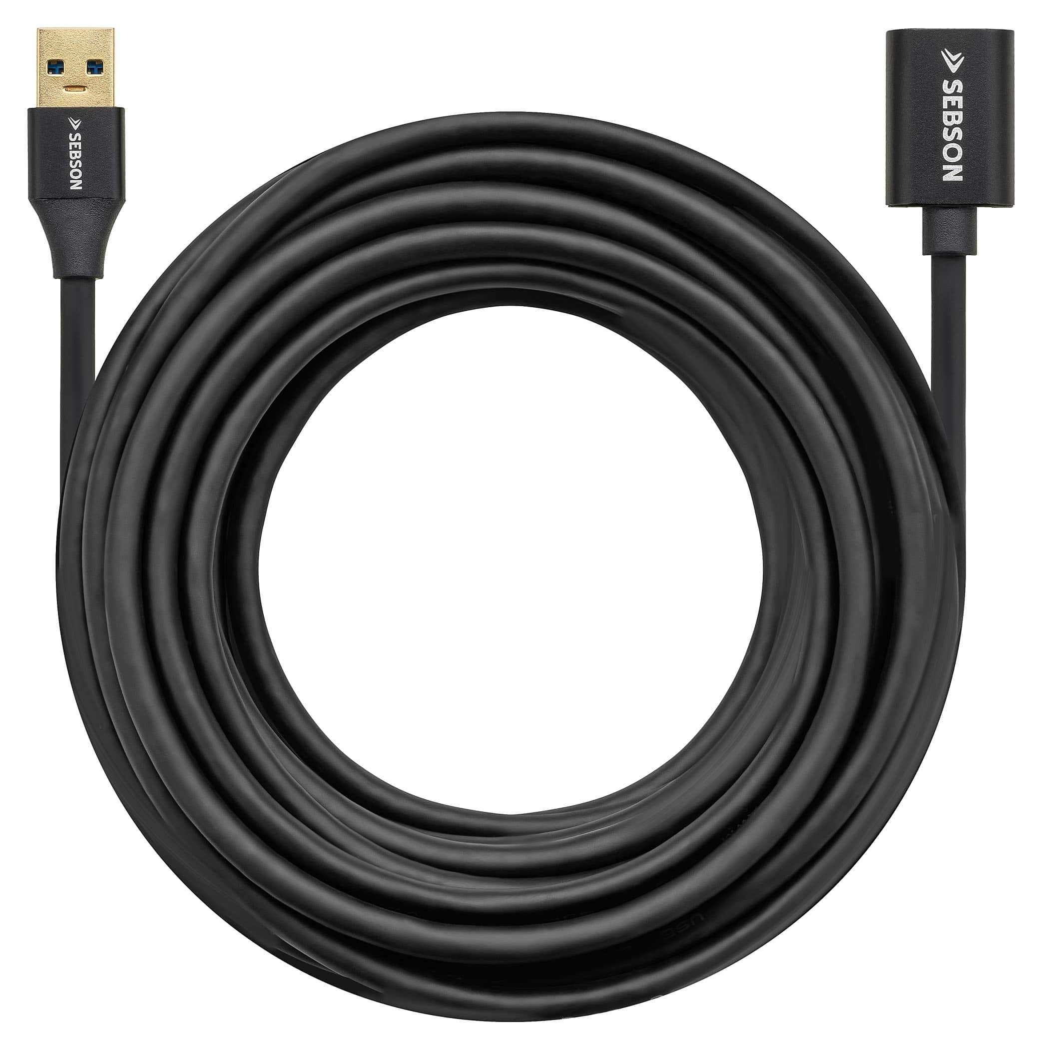 Schwarz aufgerolltes USB-Kabel mit USB- und anderen Endanschlüssen.