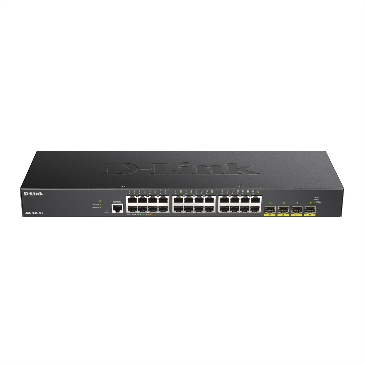 Switch di rete D-Link nero con più porte, su sfondo bianco.