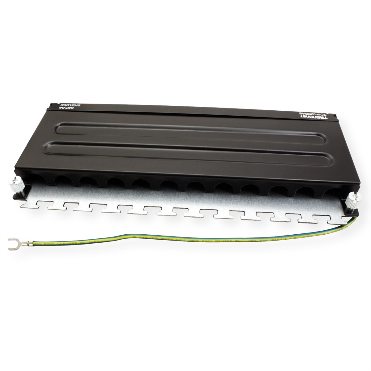 Czarny metalowy element z przewodem uziemiającym i dwiema śrubami.