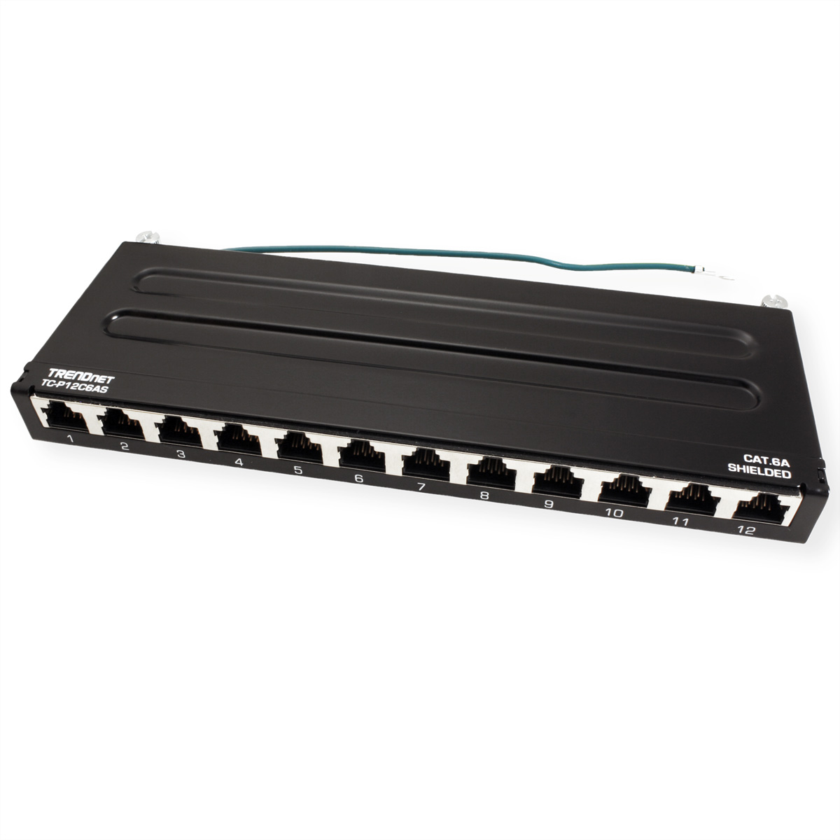 Czarny panel krosowy sieciowy z 12 portami, oznaczony nazwą marki i CAT 6A Shielded.