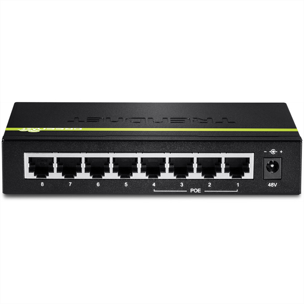 Schwarzer Trendnet-Netzwerk-Switch mit acht Anschlüssen, beschriftet, und Stromeingang.