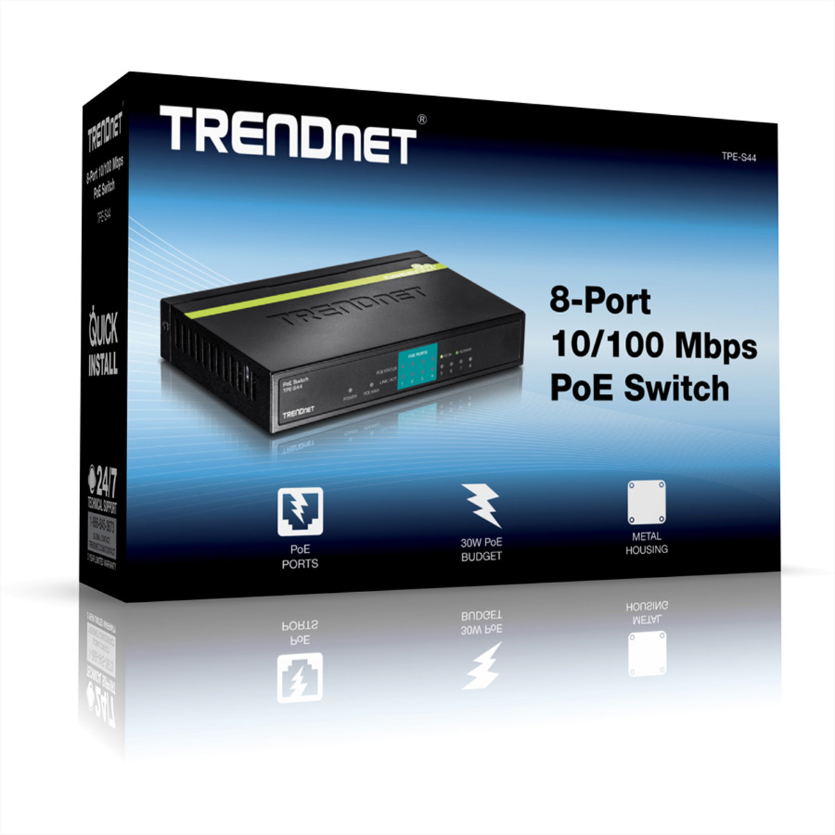 Box für einen 8-Port 10/100 Mbps PoE Switch mit Text und Symbolen.