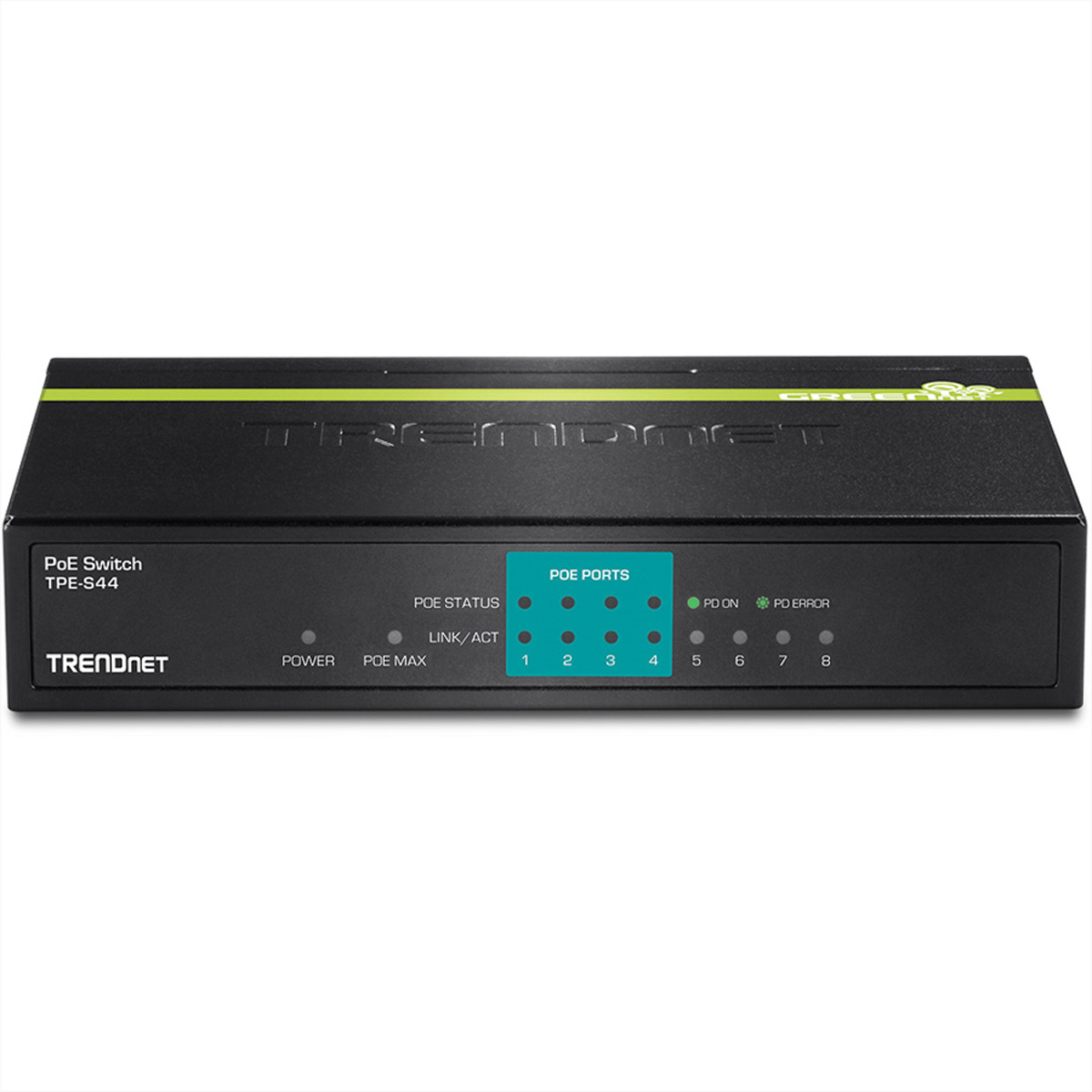 Ein schwarzer TRENDnet PoE-Switch mit grünen PoE-Ports und Statusanzeigen.