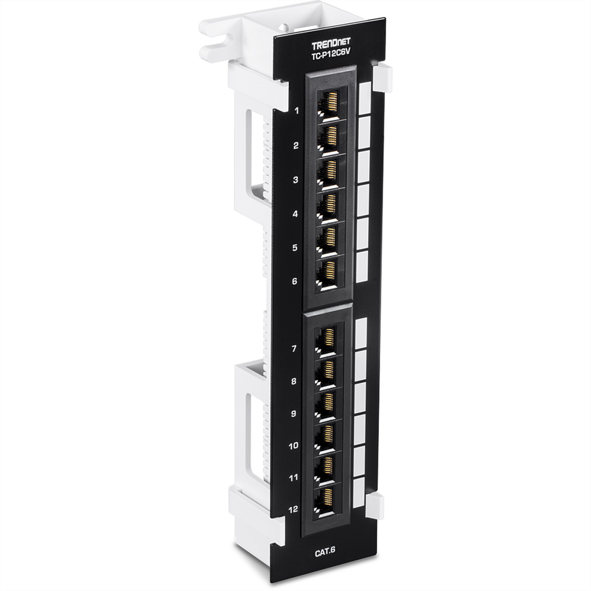 Netzwerk-Patchpanel mit 12 nummerierten Anschlüssen und einem TRENDnet-Etikett.