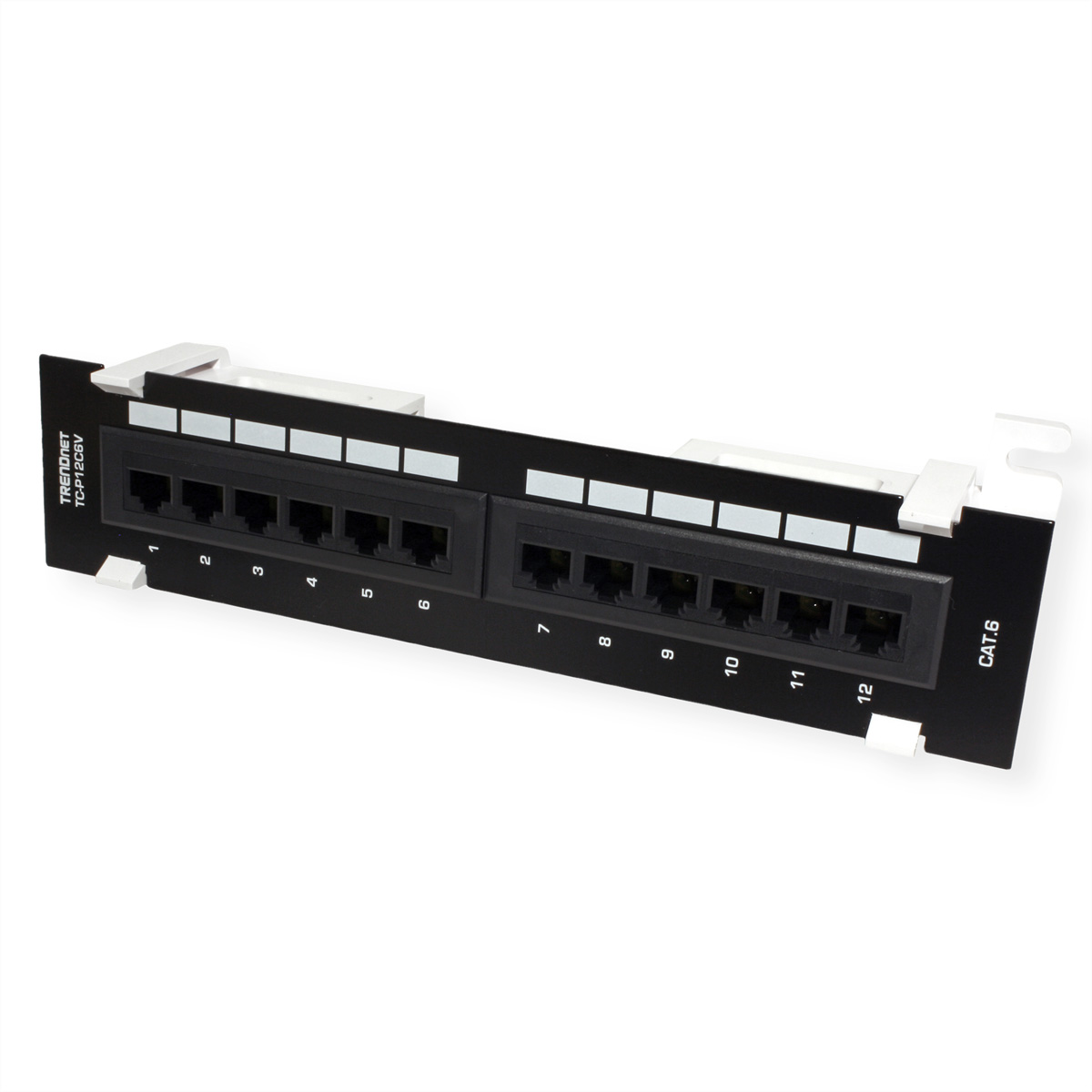 Netzwerk-Patchpanel mit 12 Ports. Schwarz mit weißen Etiketten, CAT.6.
