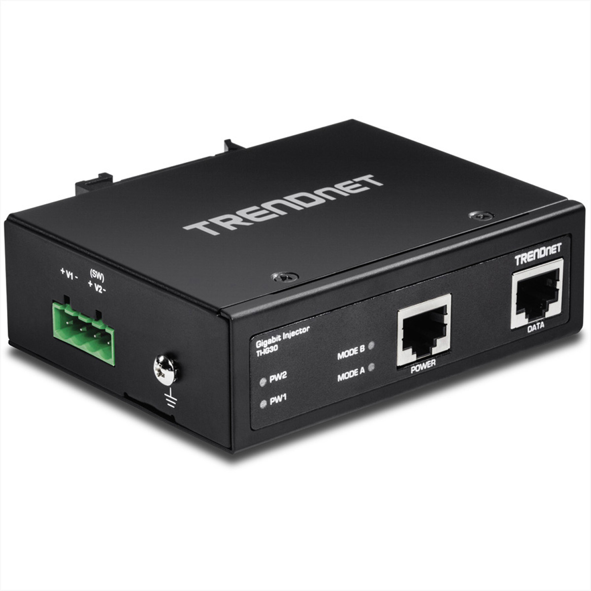 Schwarzer TRENDnet Gigabit Injector TH630 mit Anschlüssen und Beschriftung. Auf weißem Hintergrund.