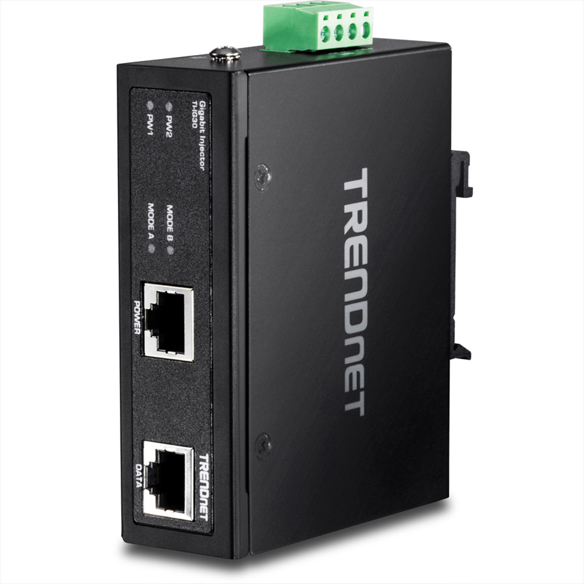 Schwarzer TRENDnet Gigabit-Injector. Er hat Anschlüsse, Kontrollleuchten und einen grünen Klemmenblock.