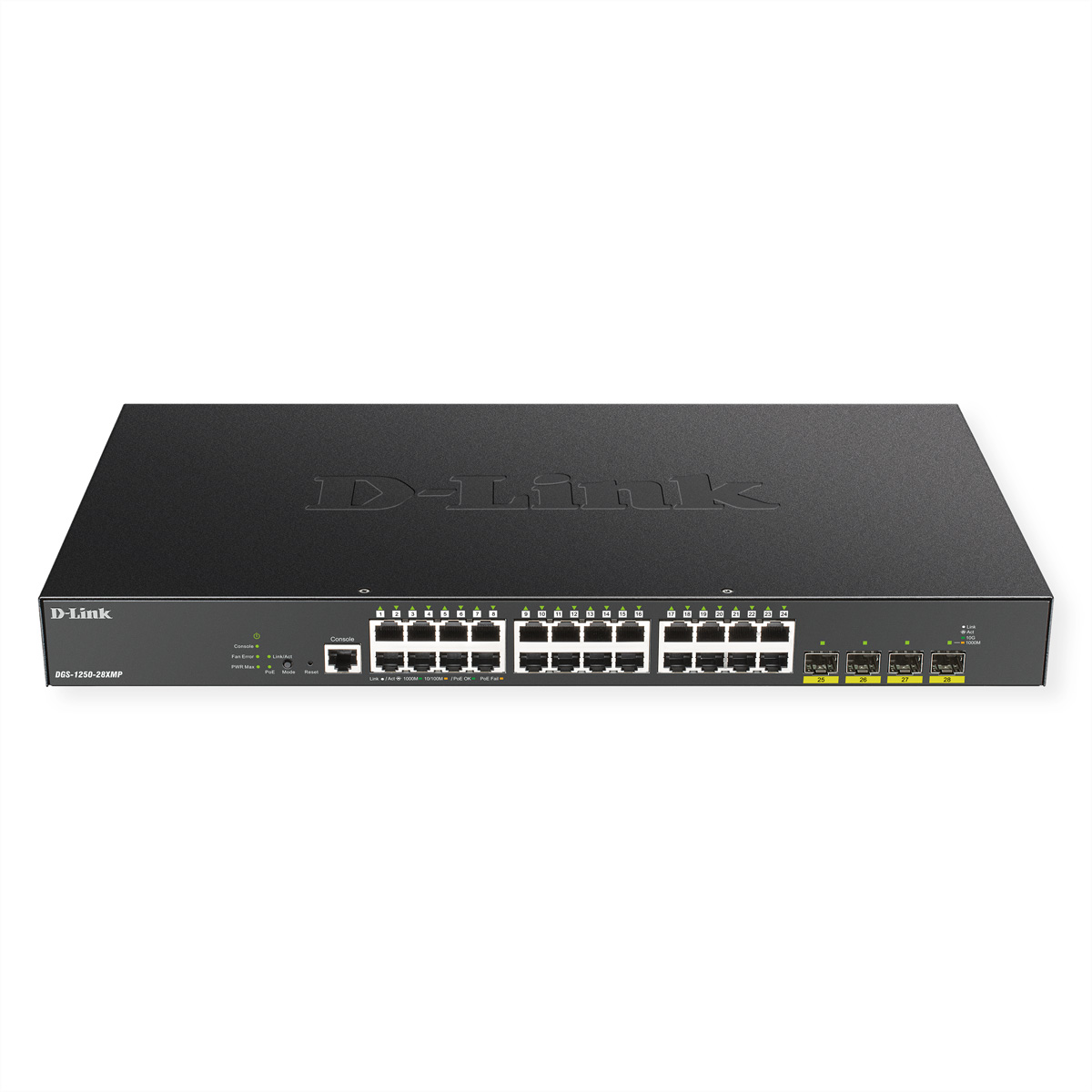 Uno switch di rete D-Link nero. Ha più porte e spie luminose. Sfondo bianco.
