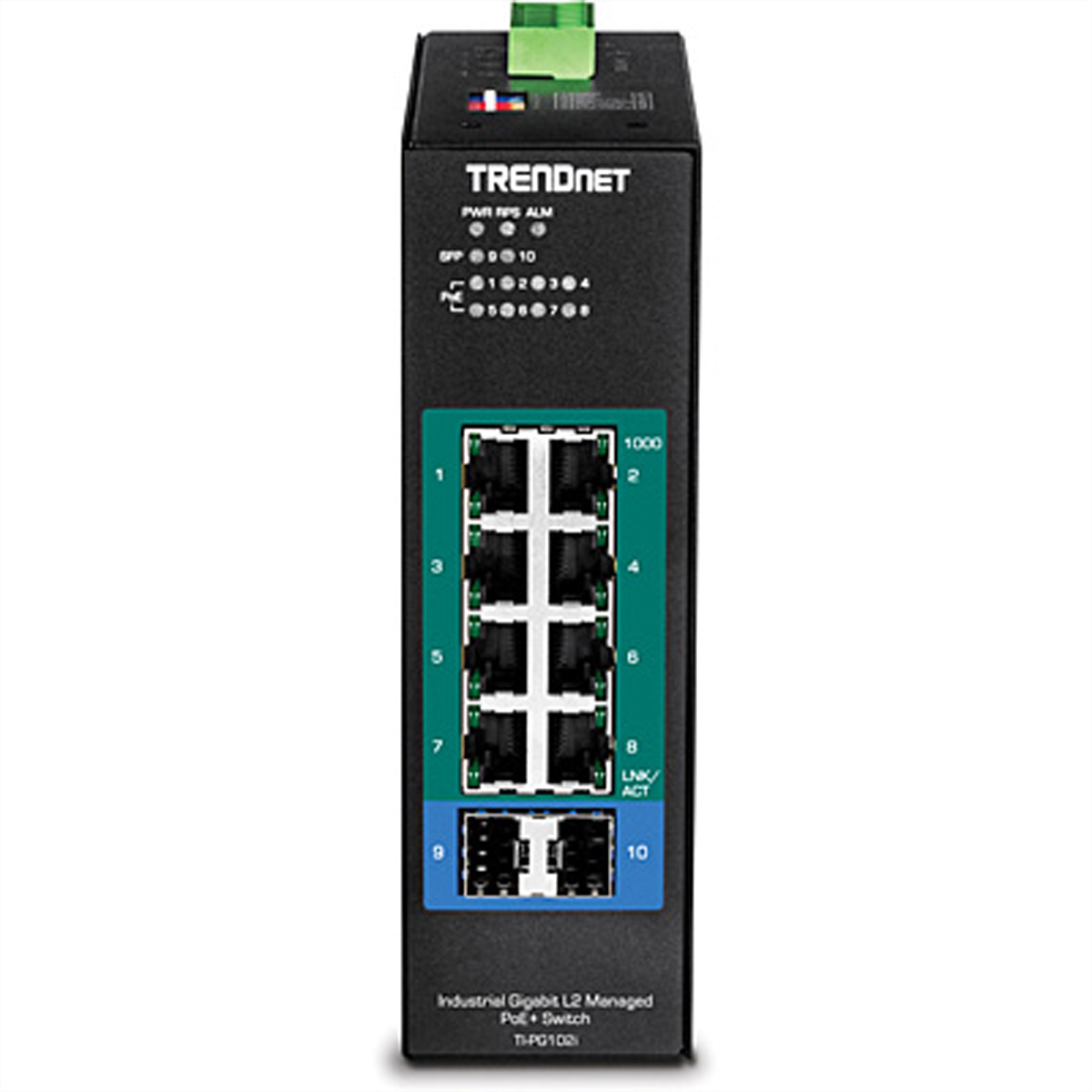 Ein schwarzer industrieller Gigabit-Switch mit mehreren Anschlüssen und LED-Anzeigen.