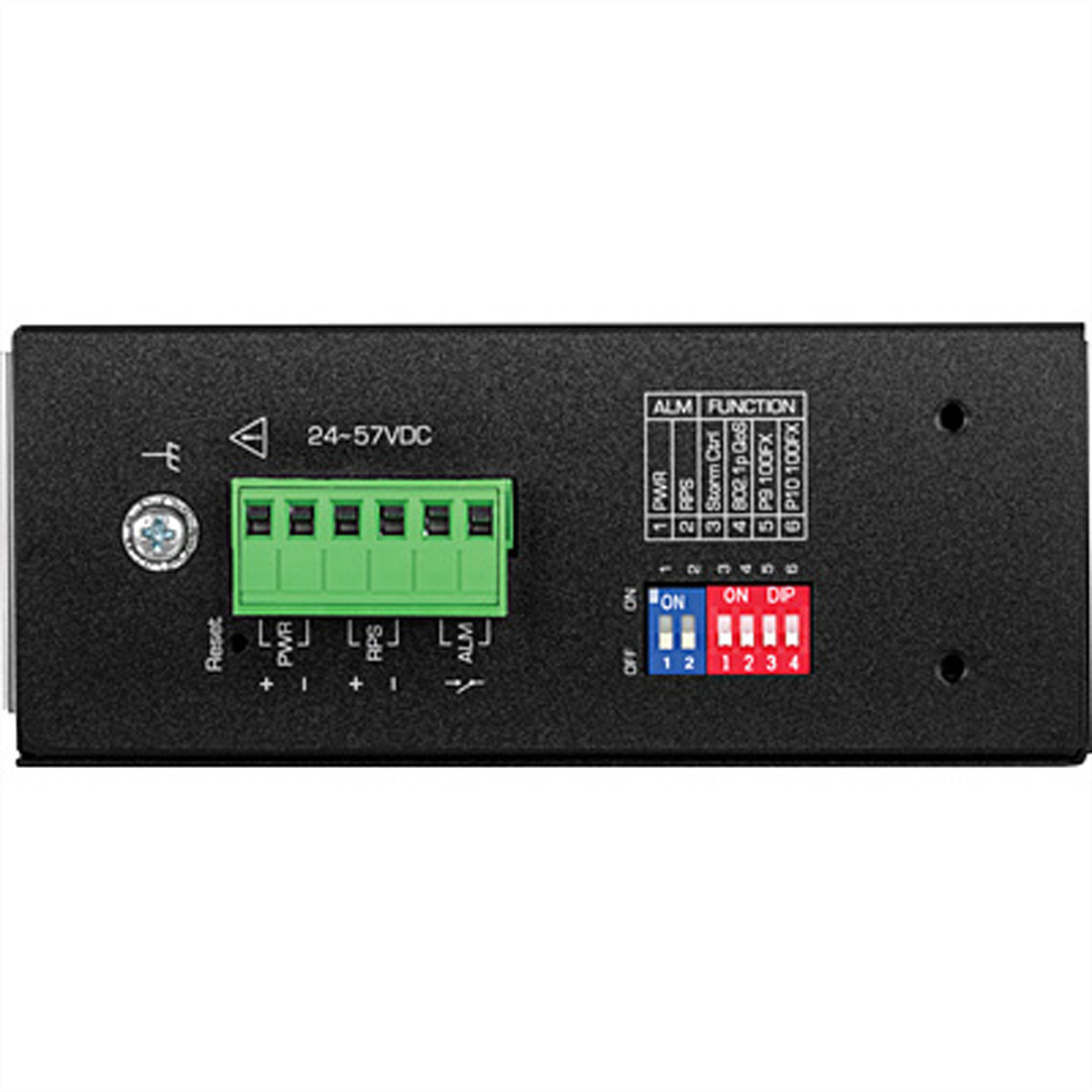 Schwarze elektronische Komponente mit grünem Klemmenblock, DIP-Schaltern und Beschriftungen: PWR, RPS, ALM.