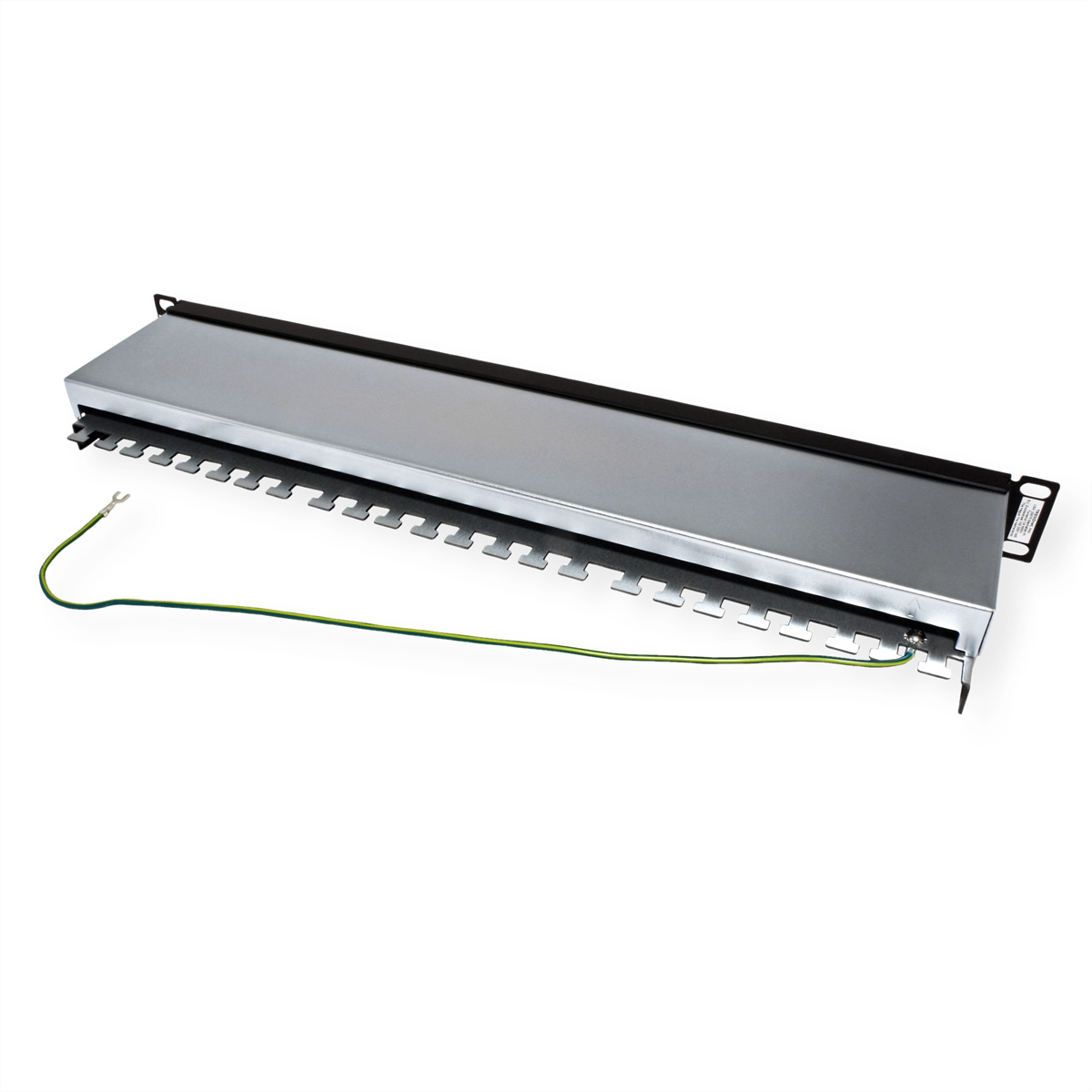 Srebrny metalowy stojak z czarną krawędzią oraz zielono-żółtym kablem.