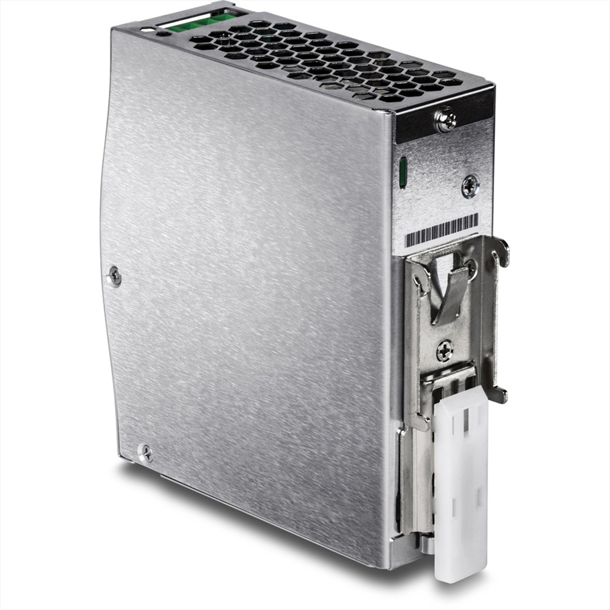 Eine metallisch silberne Metallbox mit einem weißen Stecker.