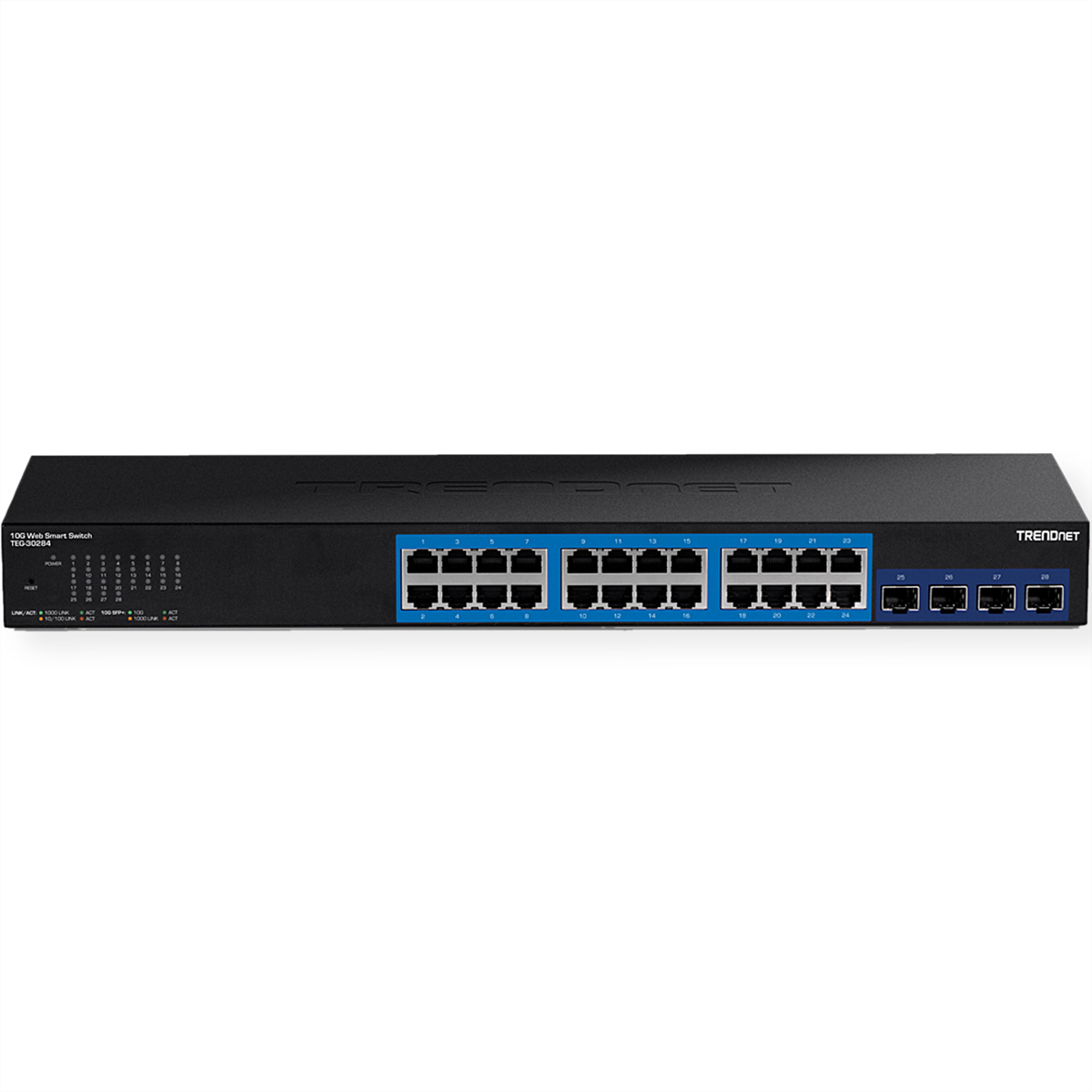 Ein schwarzer Netzwerk-Switch mit mehreren Anschlüssen. Der Switch befindet sich auf weißem Hintergrund.