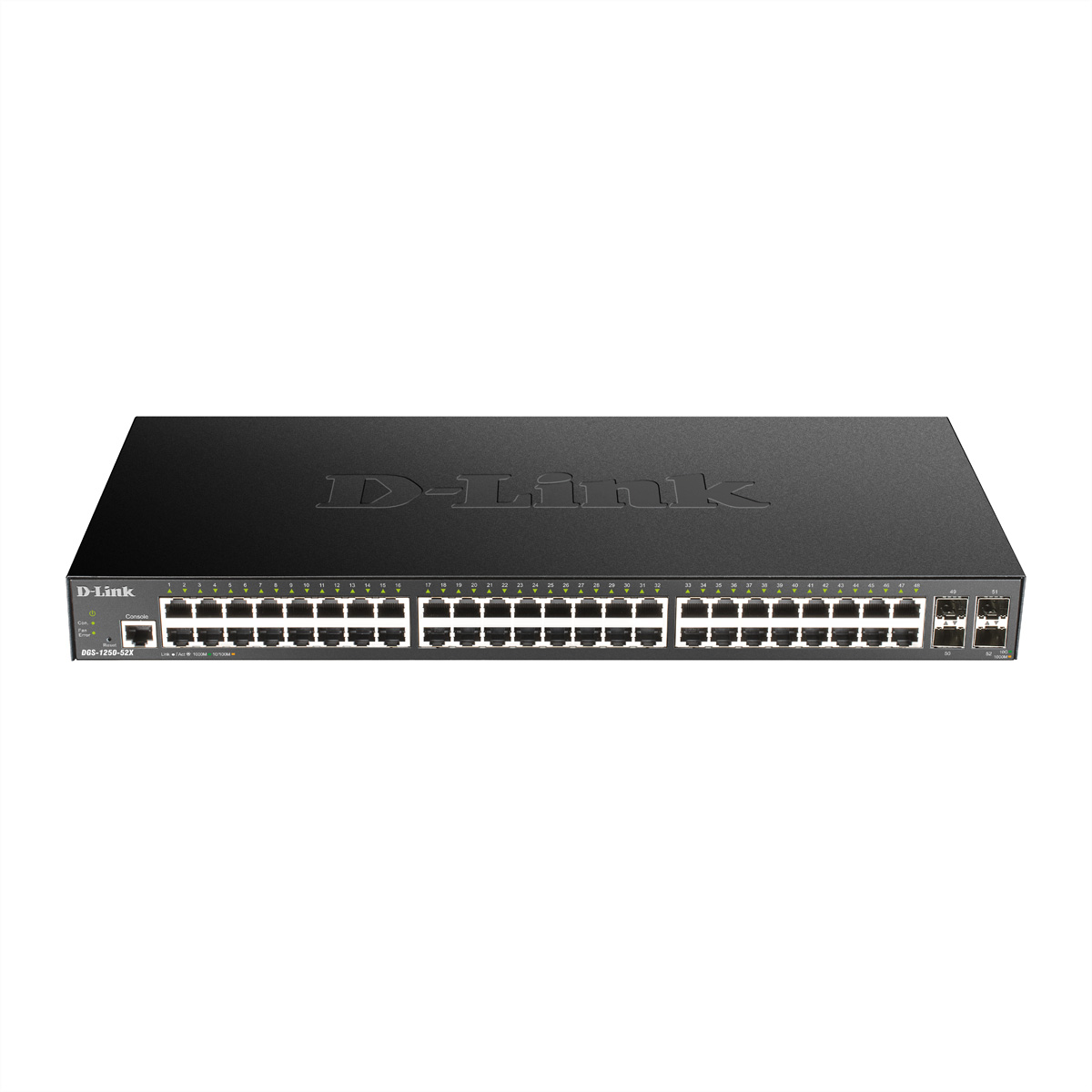 Switch di rete D-Link nero con più porte, su sfondo bianco.