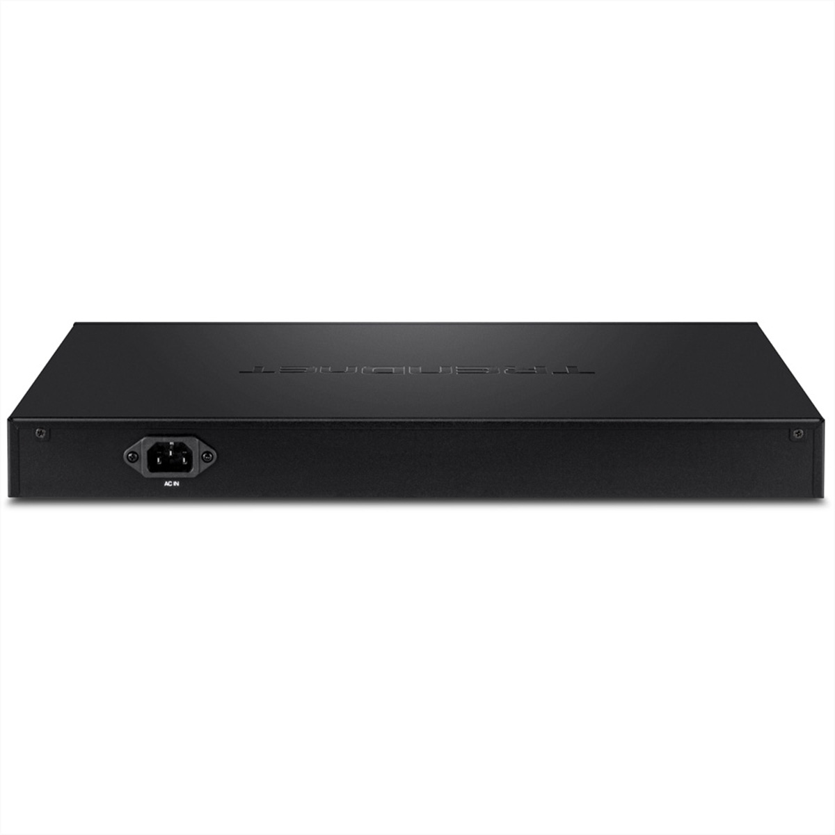 Schwarzer Server mit AC-Eingang auf der Rückseite. Das Wort 'TECHJET' ist geprägt.