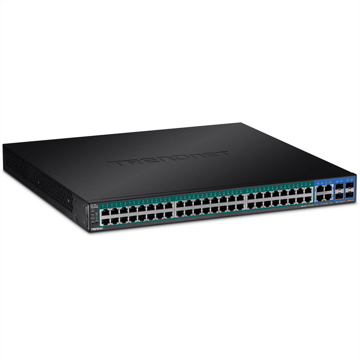 Schwarzer TRENDnet-Switch mit mehreren Anschlüssen, beschriftet. Er liegt auf einer weißen Oberfläche. Der Markenname ist sichtbar.